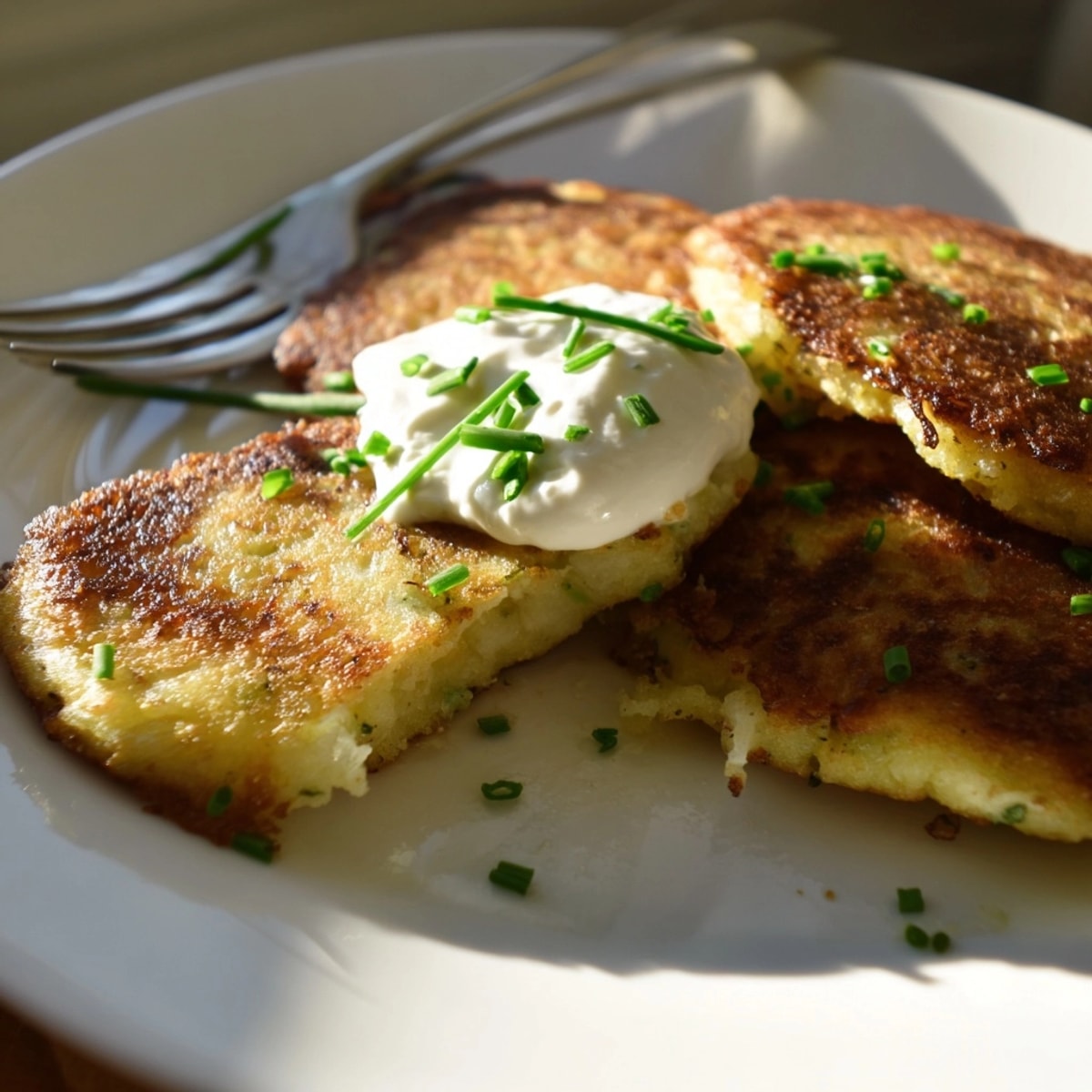 Schichtdicke Country Potato Pancakes frisch aus der Pfanne, duftend und bereit zum Servieren.