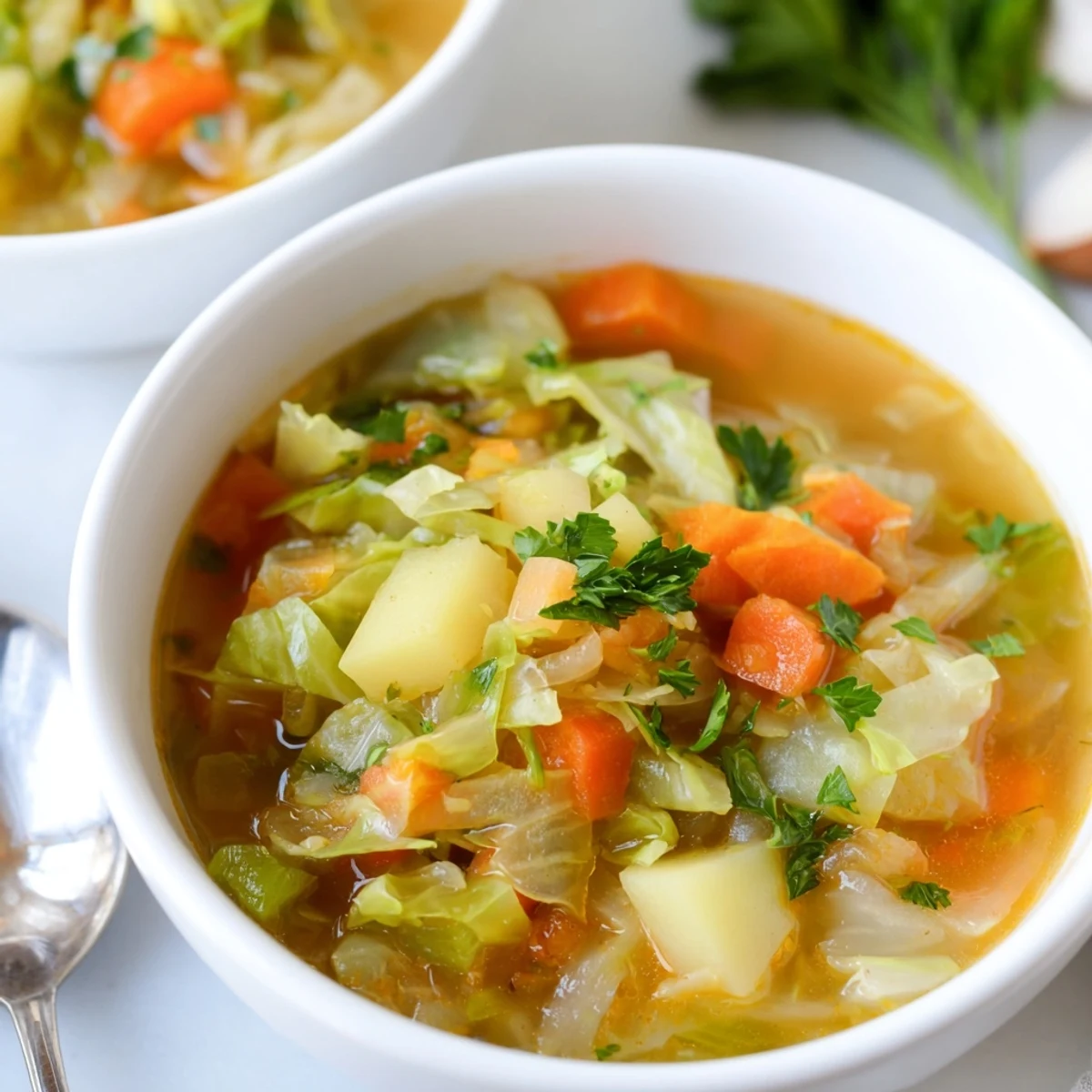 Warme Kohl-Suppe in einer Schüssel, garniert mit frischer Petersilie und Zitrone.