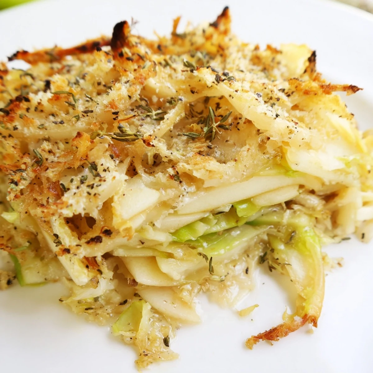 Karamellisierte Äpfel und zarte Kohlblätter in einem herzhaften Auflauf.