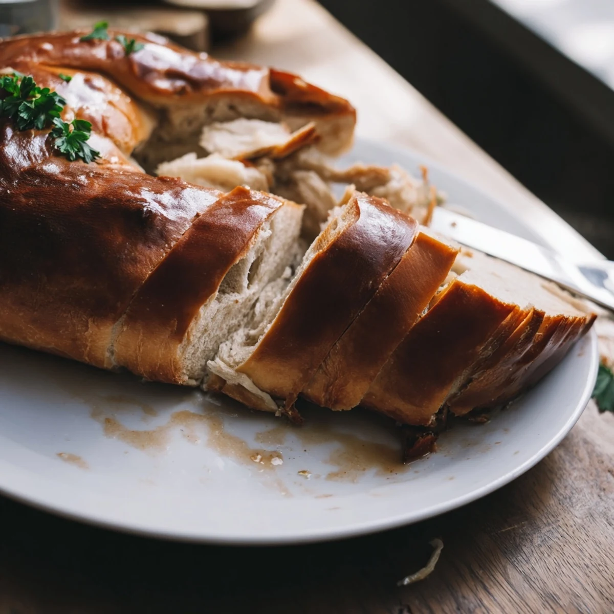 Saftiger, traditioneller Fleischlaib aus Rind- und Schweinefleisch, frisch gebacken.  