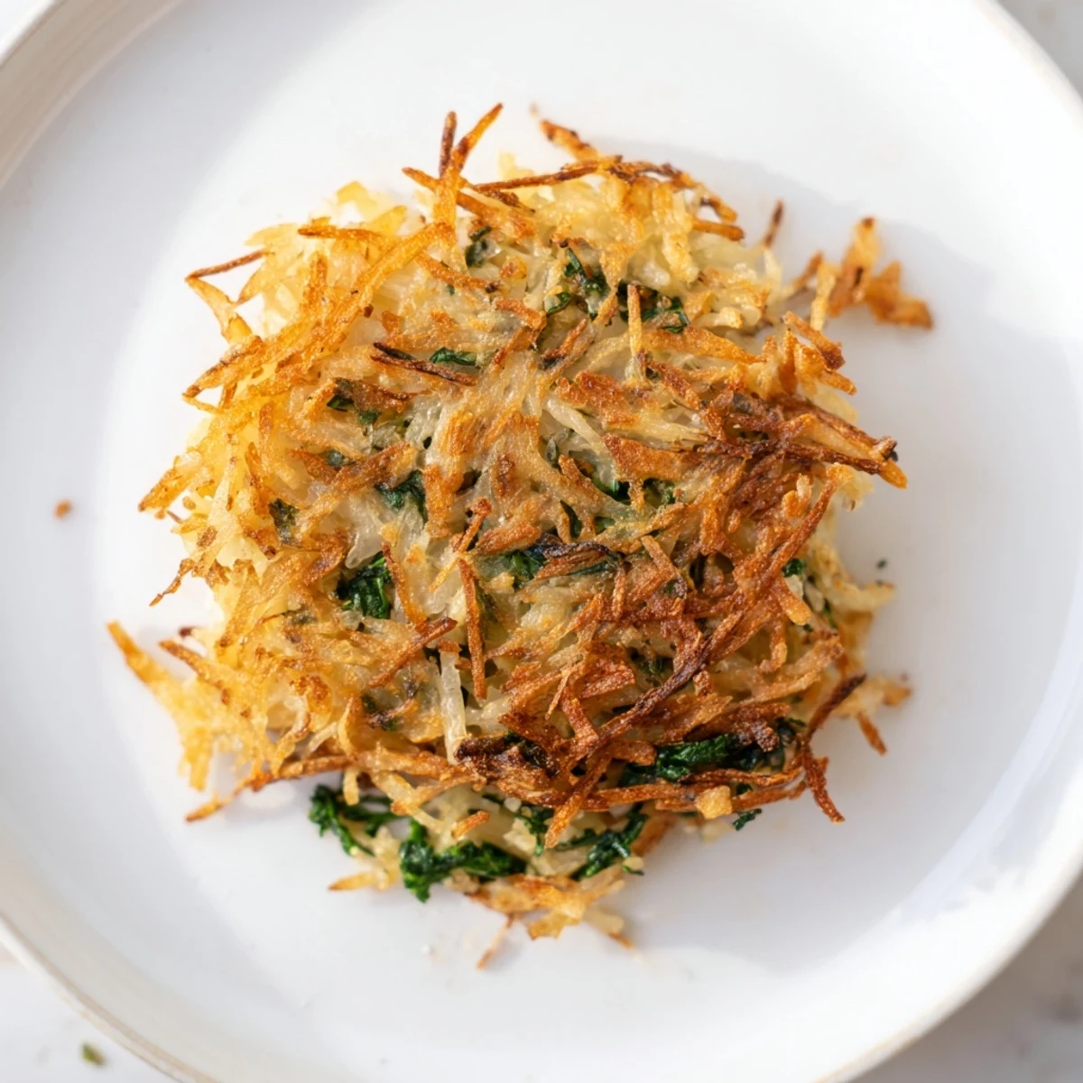 Delicious, pan-baked healthy potato & spinach rösti with fresh spinach, perfect for a light lunch.
