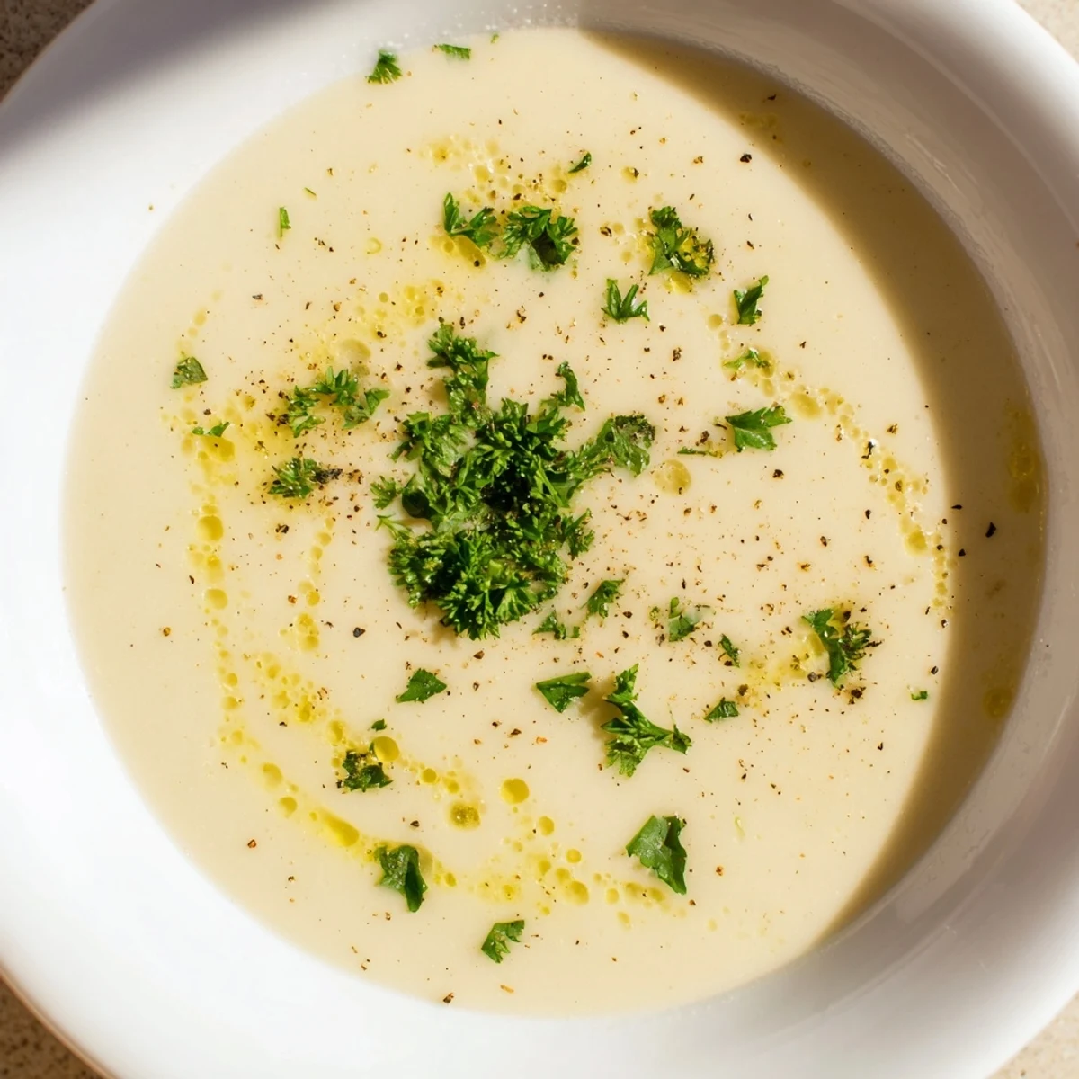 Enjoy a bowl of creamy garlic potato soup, perfectly garnished with fresh parsley and croutons.