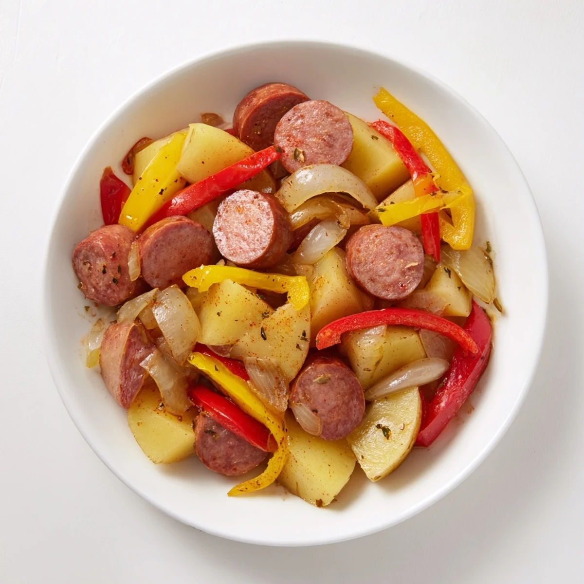 Saftige, goldbraune 1-Pot Kielbasa and Potato Bake, dampfend heiß serviert, mit frischen Kräutern.