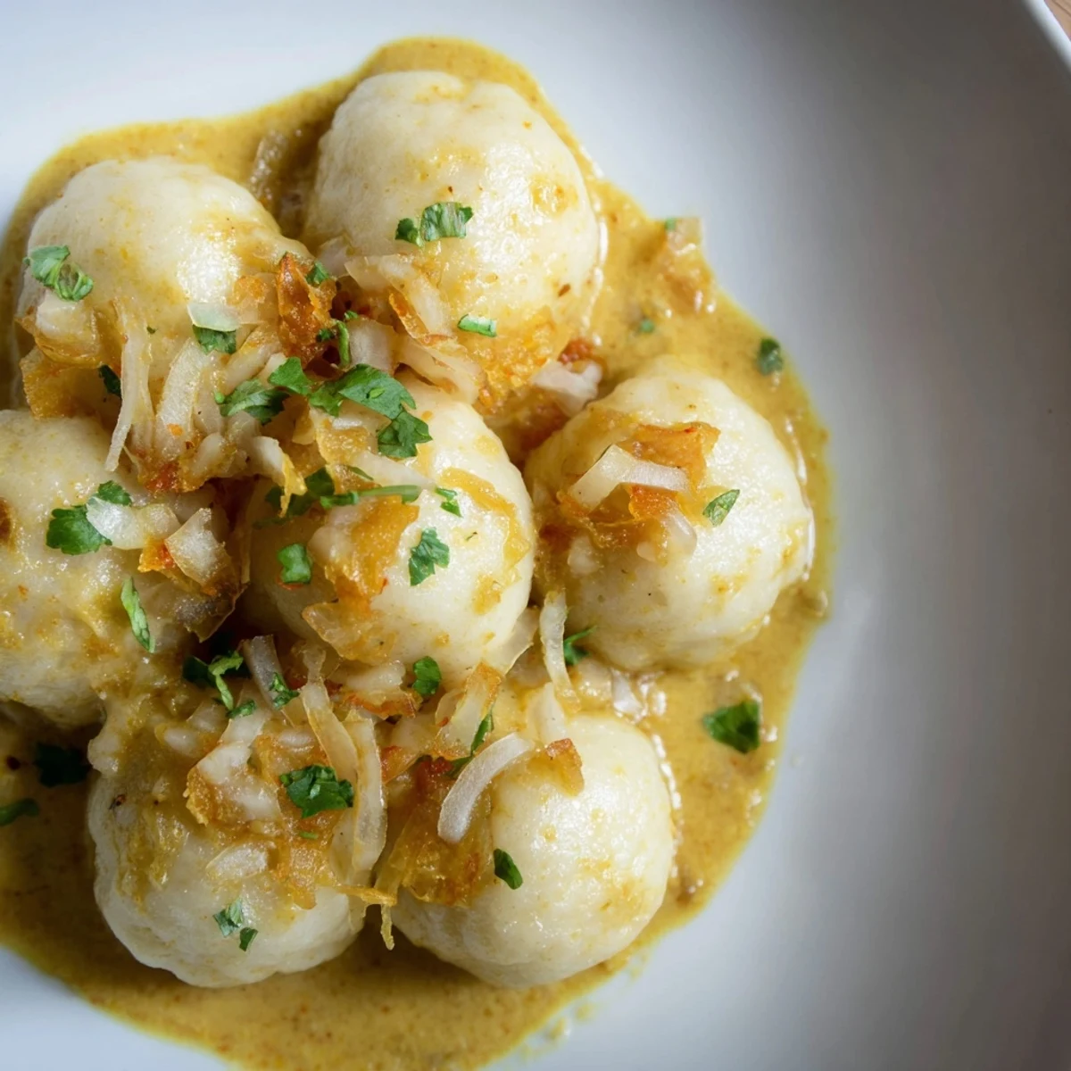 Golden potato dumplings in creamy curry sauce; offering delicious comfort in every bite.