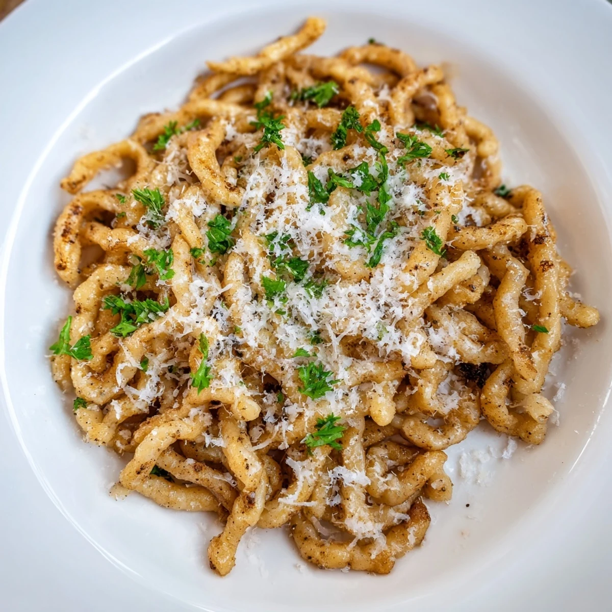 Tossed with butter and seasonings, these air fryer German spätzle are perfectly crisp for serving.