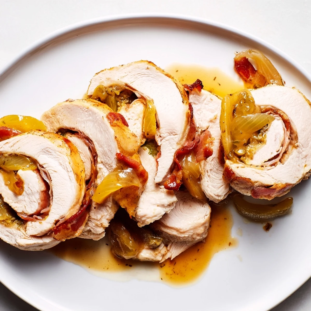 A close-up of tender Quick Chicken Rouladen rolls, showing the flavorful inside rolled filling.