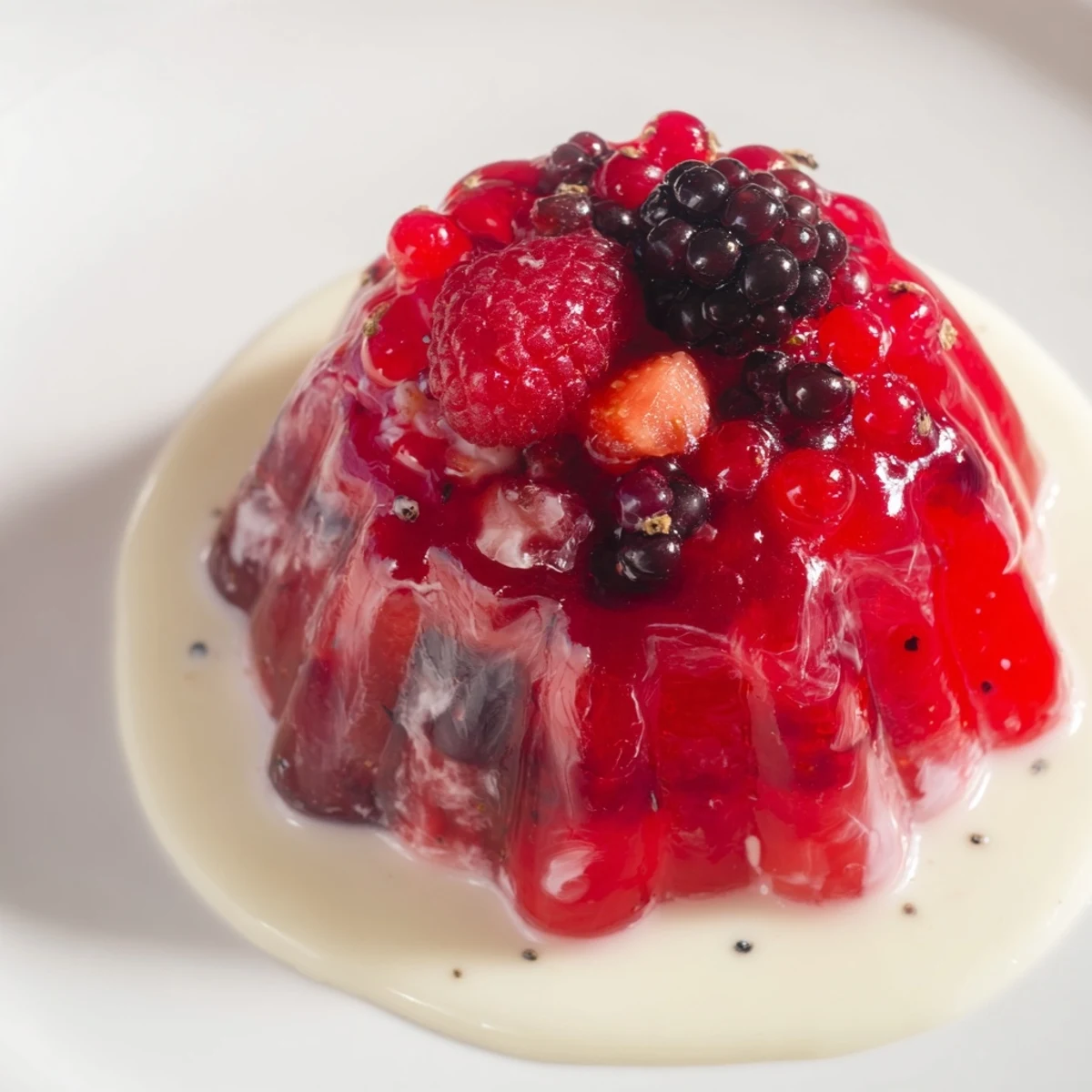 Rote Grütze with vibrant red berries, served in a glass with a luscious, creamy vanilla sauce.