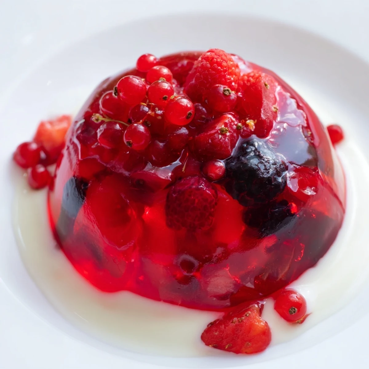 Homemade Rote Grütze dessert, showcasing the vivid berry compote beside a smooth, vanilla sauce drizzle.