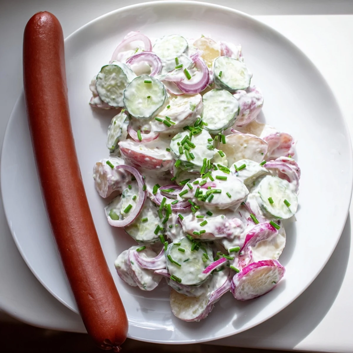 Creamy potato salad with sausages, garnished with chives, ready to serve for a hearty German meal.
