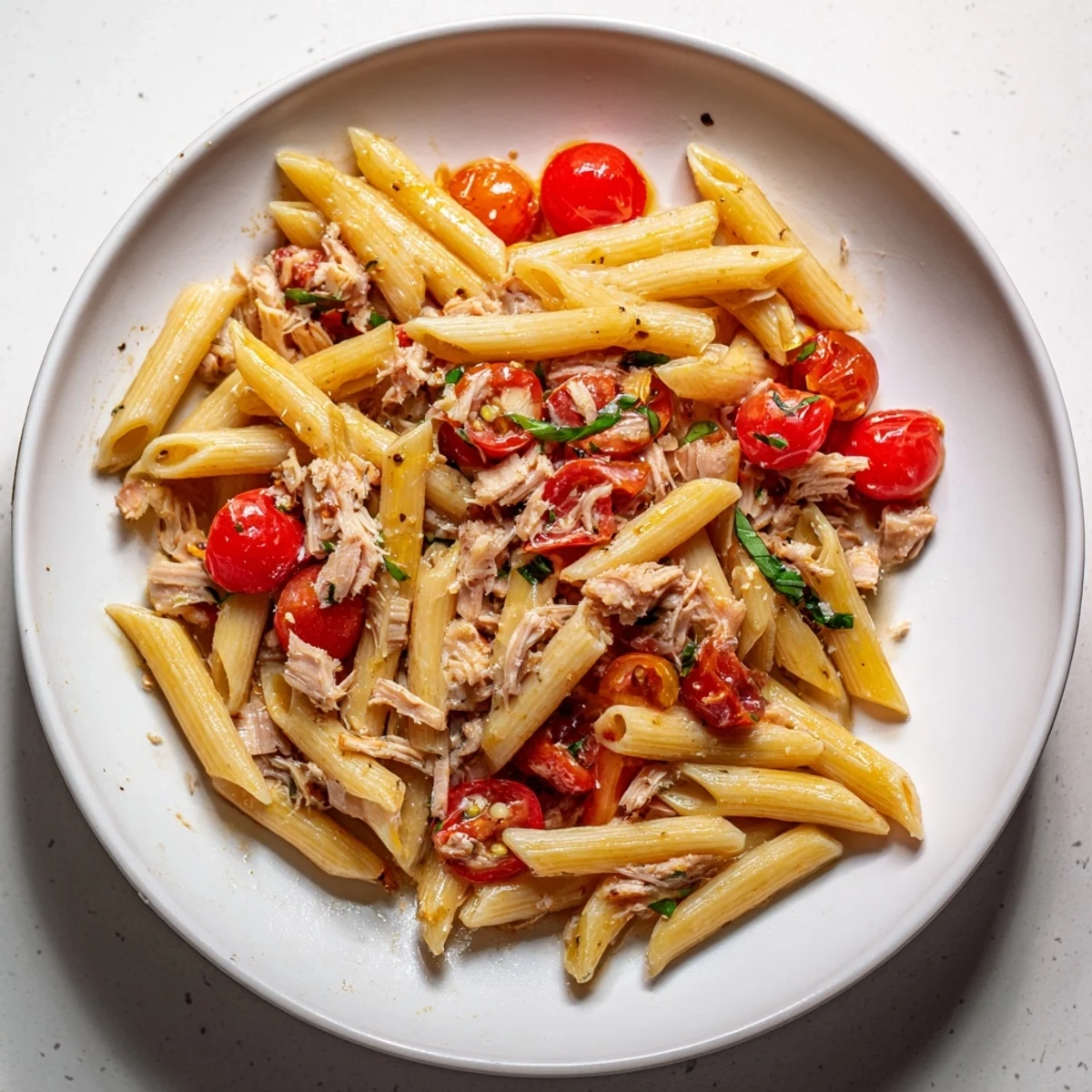 Juicy Blitz Pasta with Tomatoes & Tuna, garnished with fresh basil, ready for a delicious Italian-inspired meal.