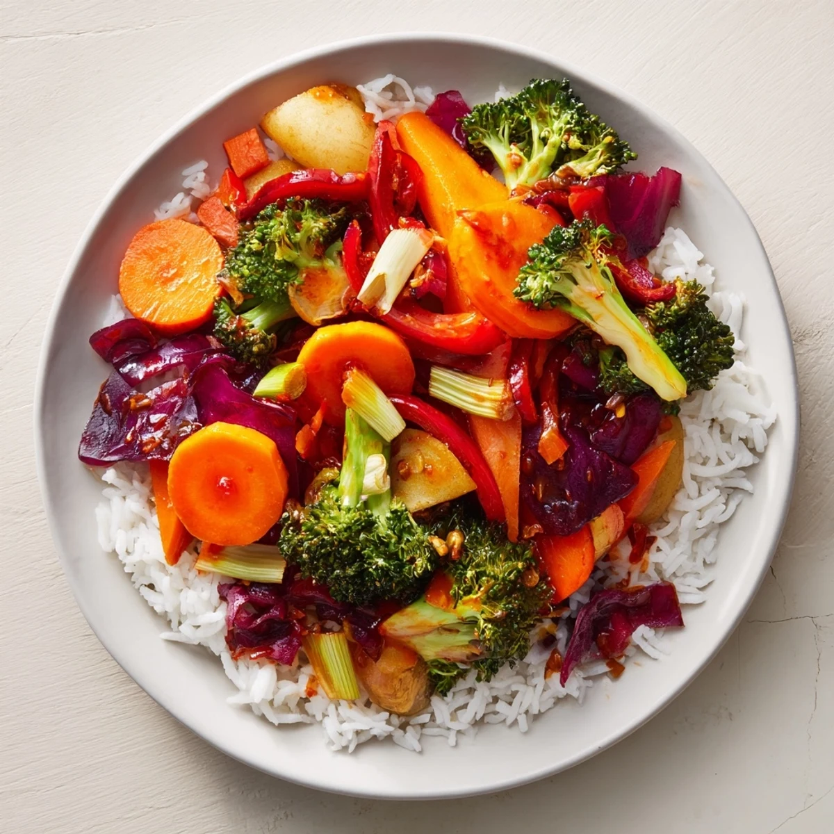 This Quick Winter Vegetable Stir-Fry: a close-up of the flavorful, steamy stir-fry served in a bowl.