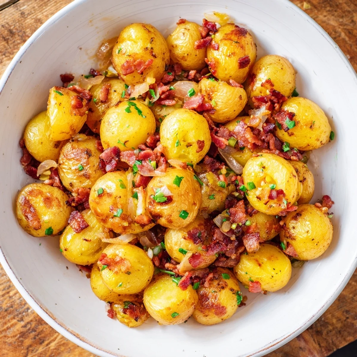 Golden-brown Simple Fried Potatoes with Onions & Bacon, sizzling in a pan with crispy bacon bits, ready to eat.