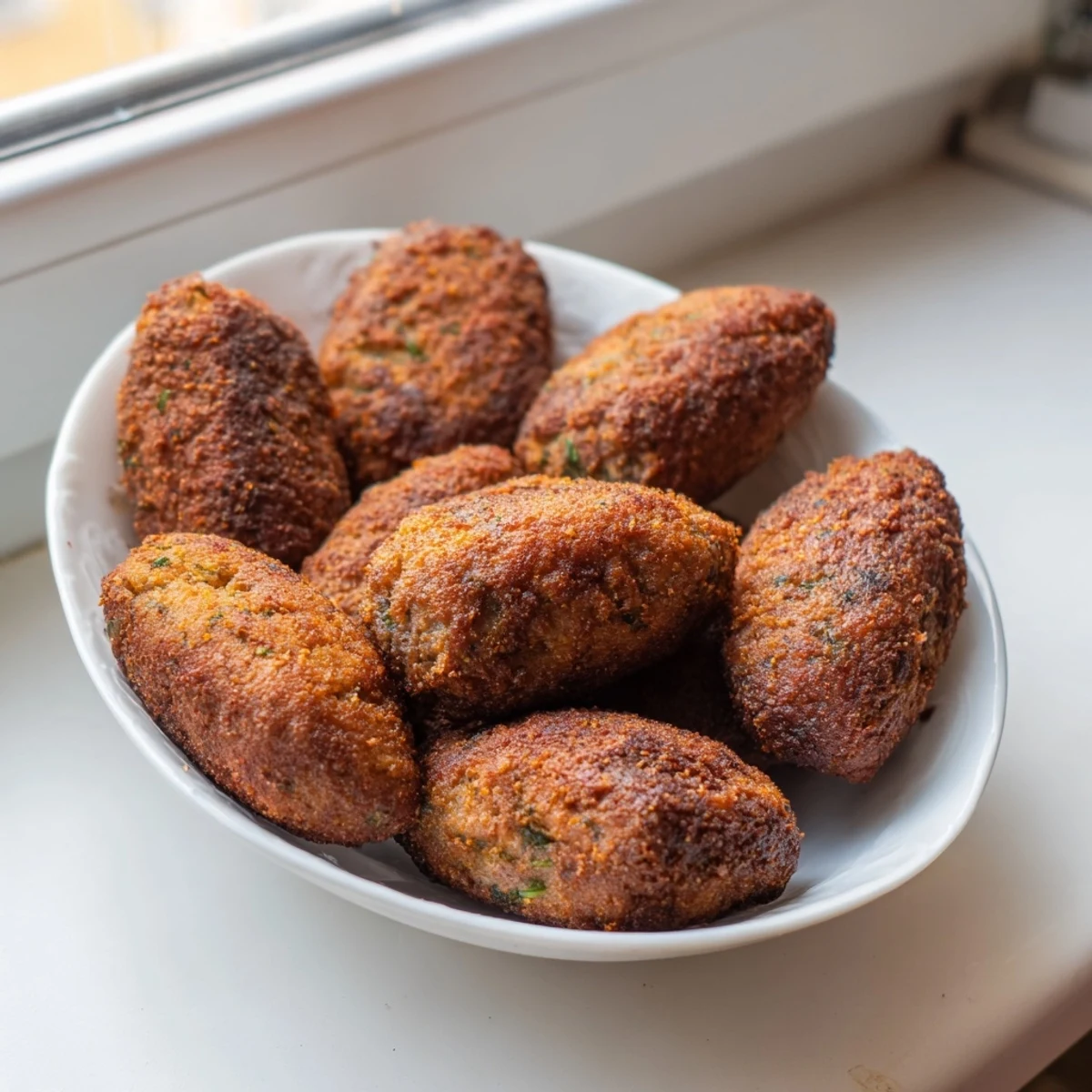 Golden brown Frikadellen, pan-fried German meatballs, ready to be served hot with potatoes.