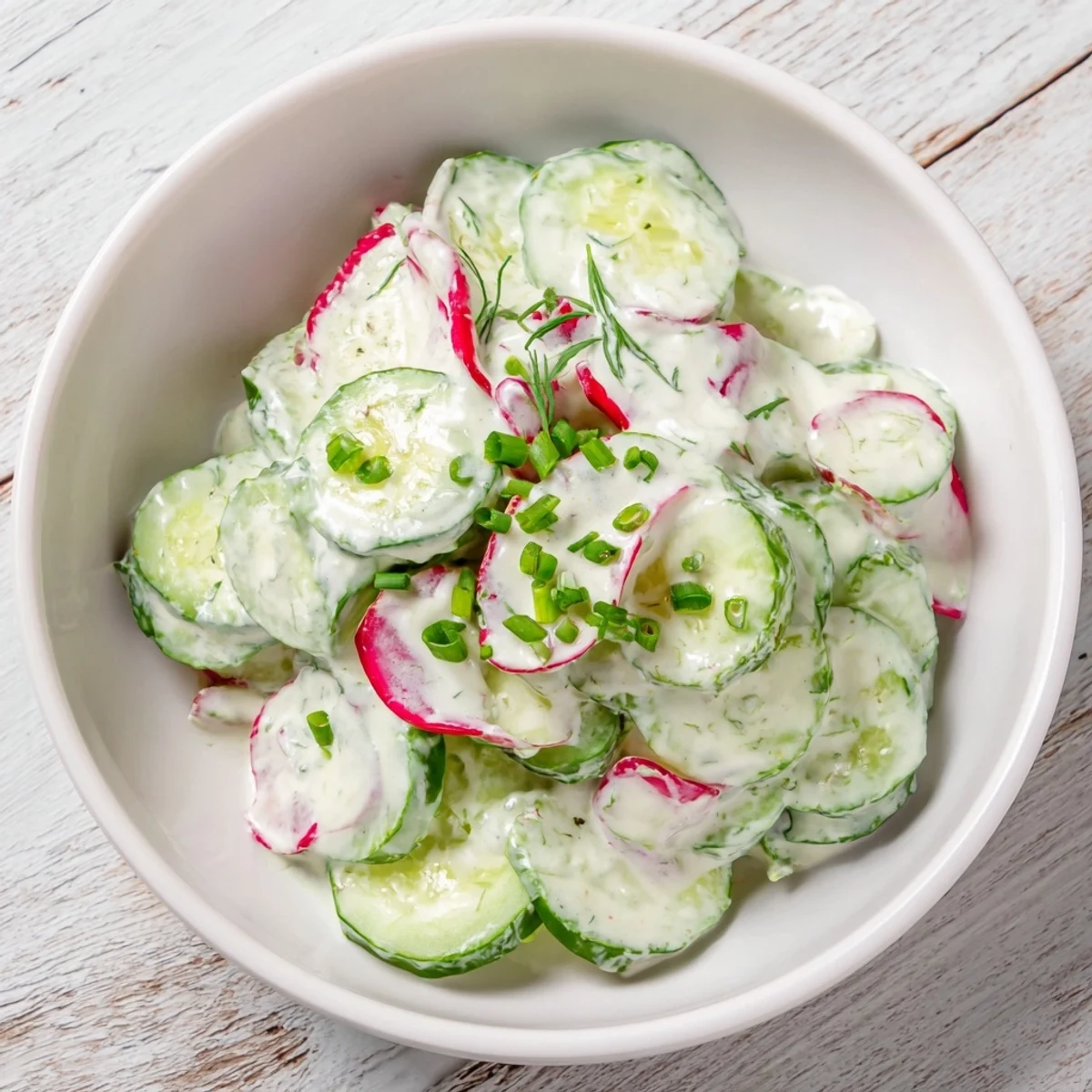 Crisp cucumber salad, coated in creamy dressing, ready to enjoy as a refreshing side dish.