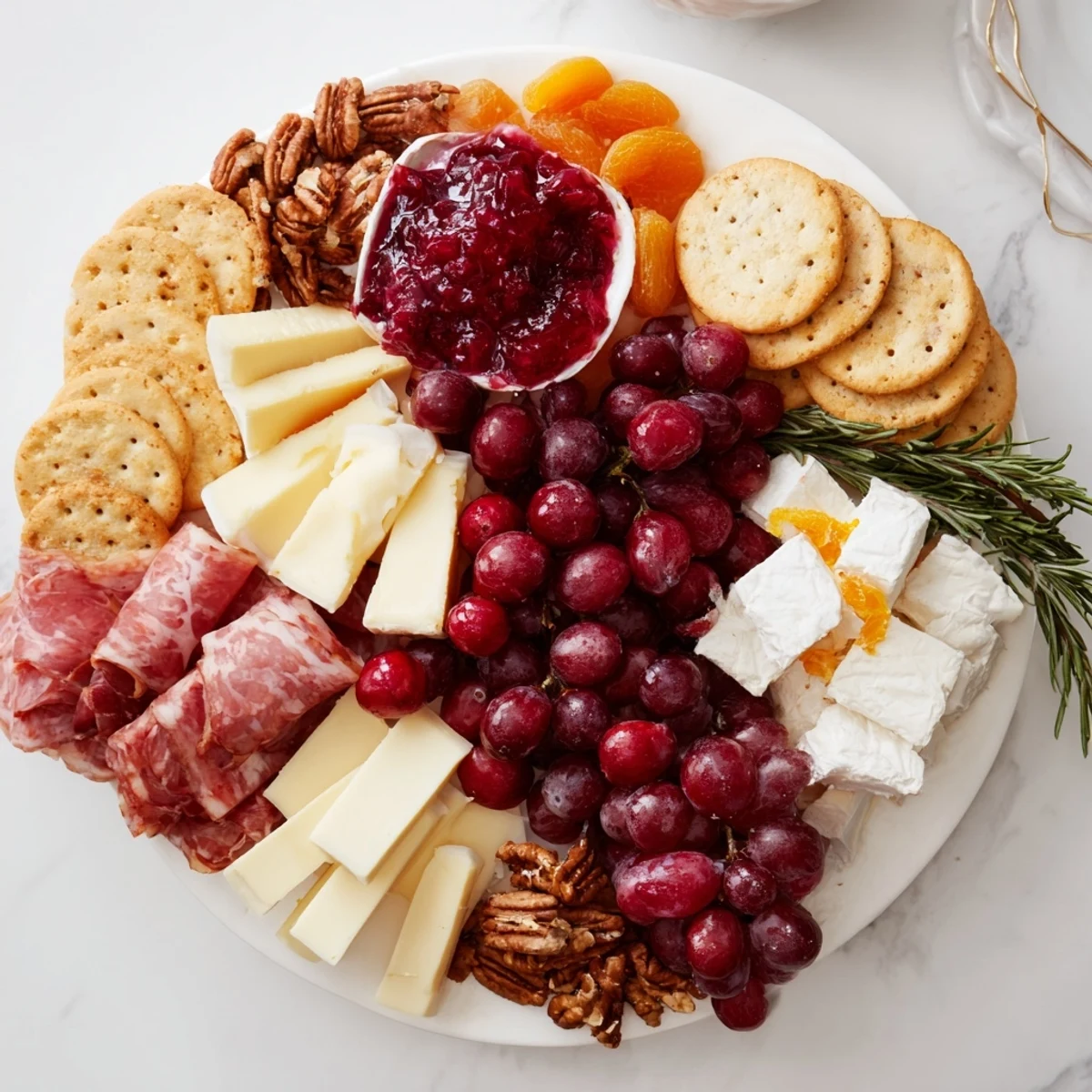 Festive Cranberry Wreath Platter with vibrant cranberries, cheeses and meats, ready to serve.