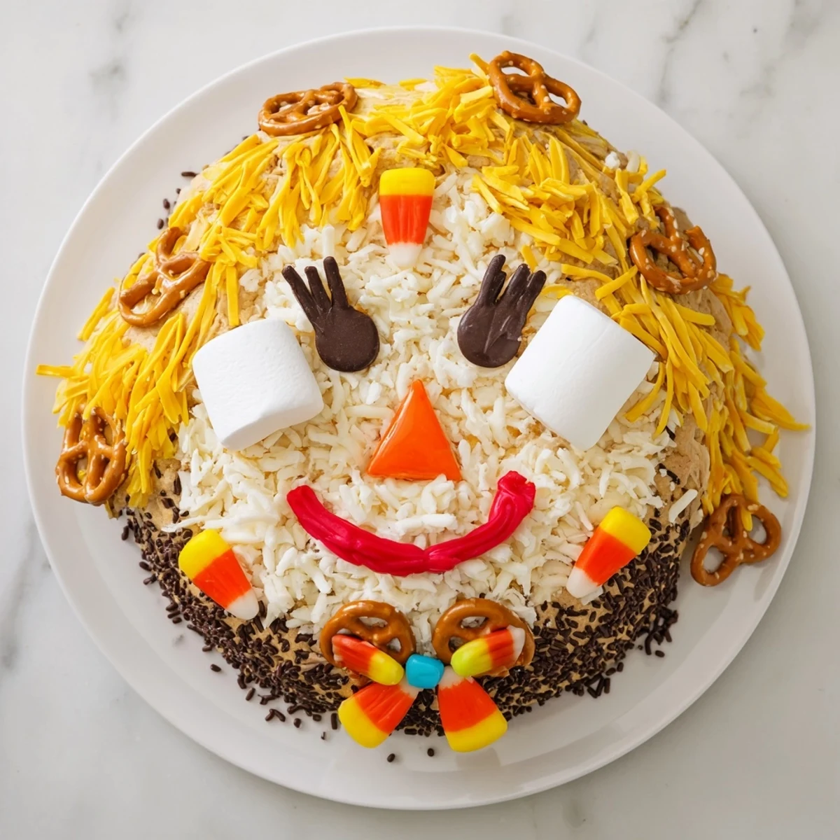 Festive Scarecrow Candy Platter featuring candy corn and licorice, a perfect autumn treat.