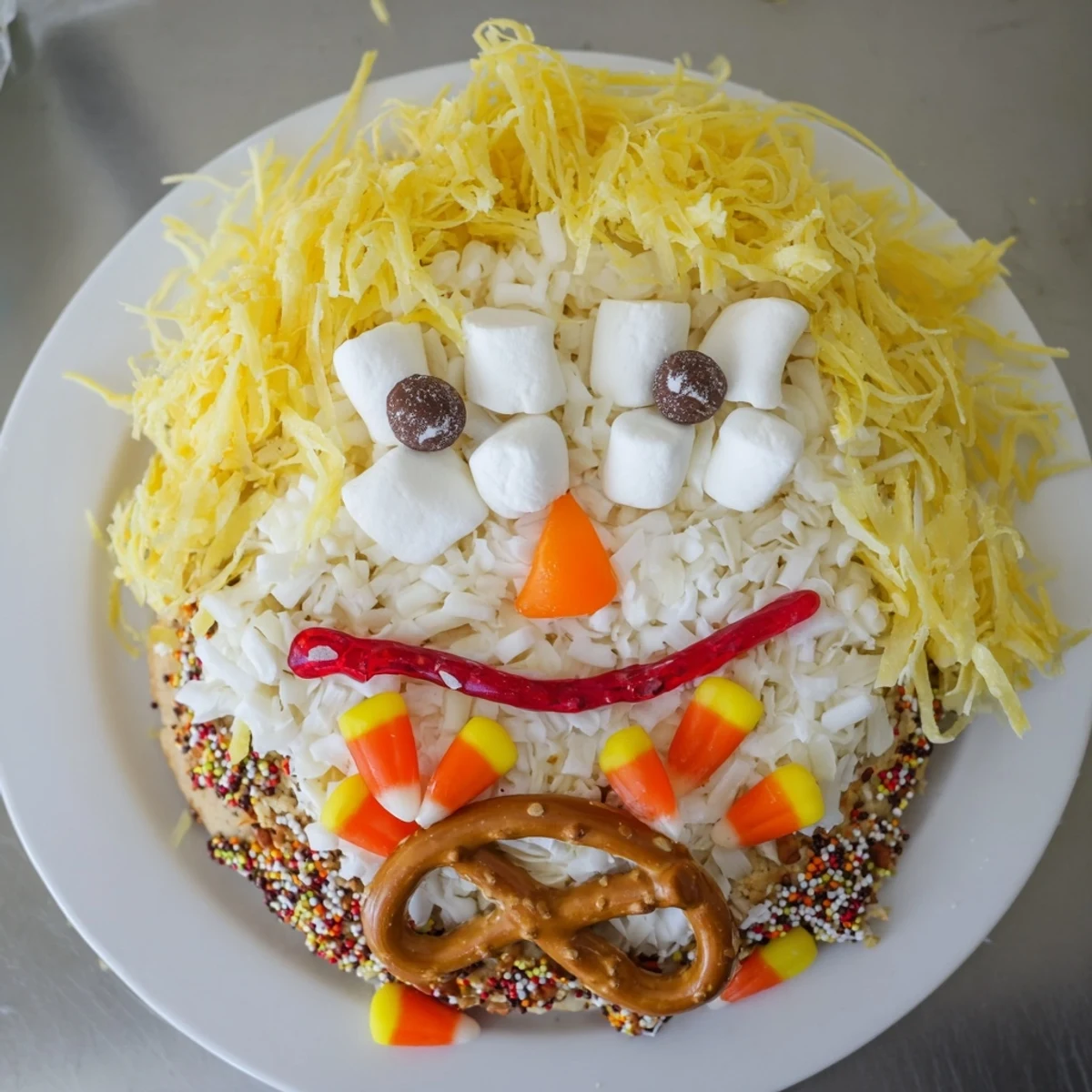 An edible Scarecrow Candy Platter with a smiling face, ideal for Halloween parties, fully described.