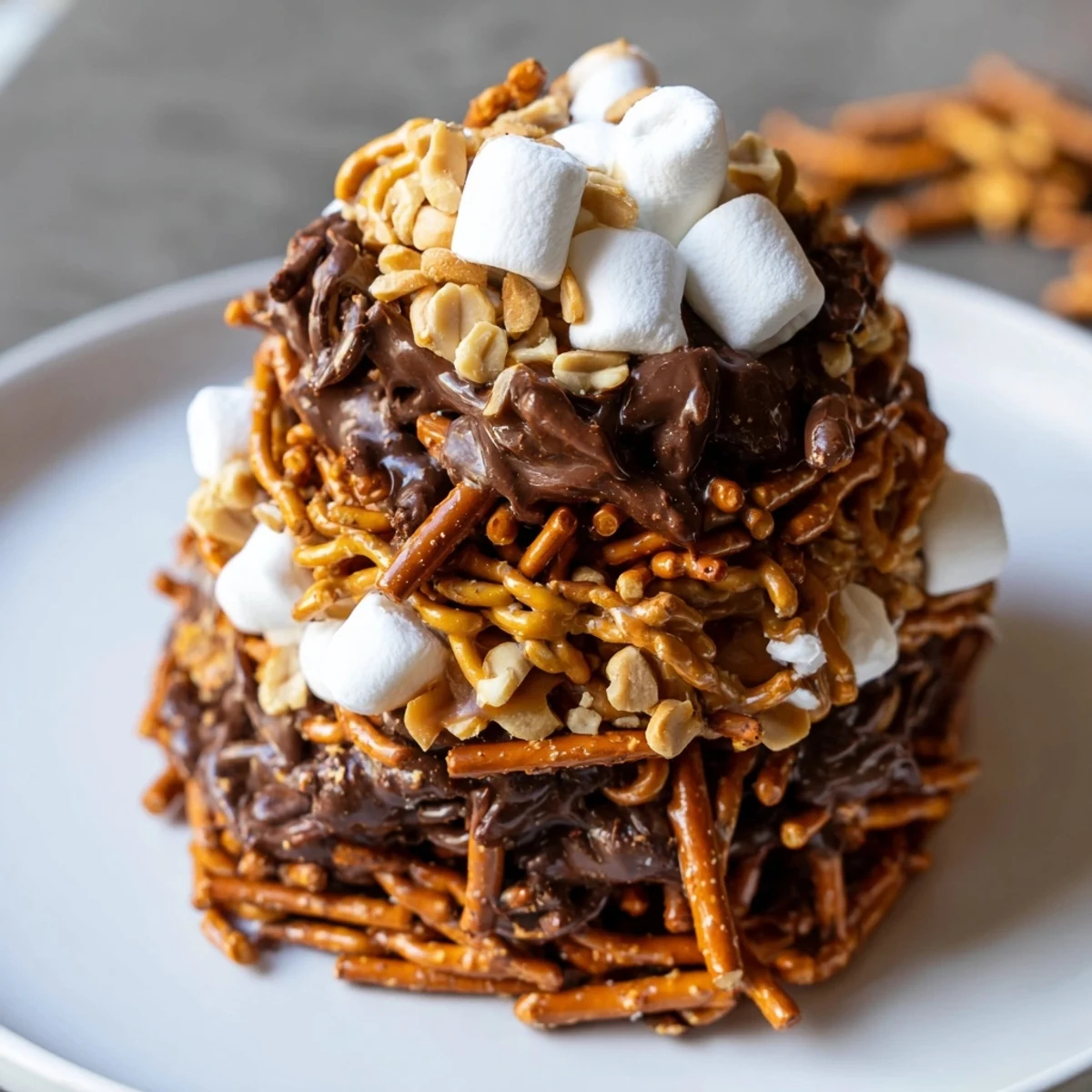 A stack of Haystack Candy Towers, ready to share, with crunchy noodles and melted butterscotch.