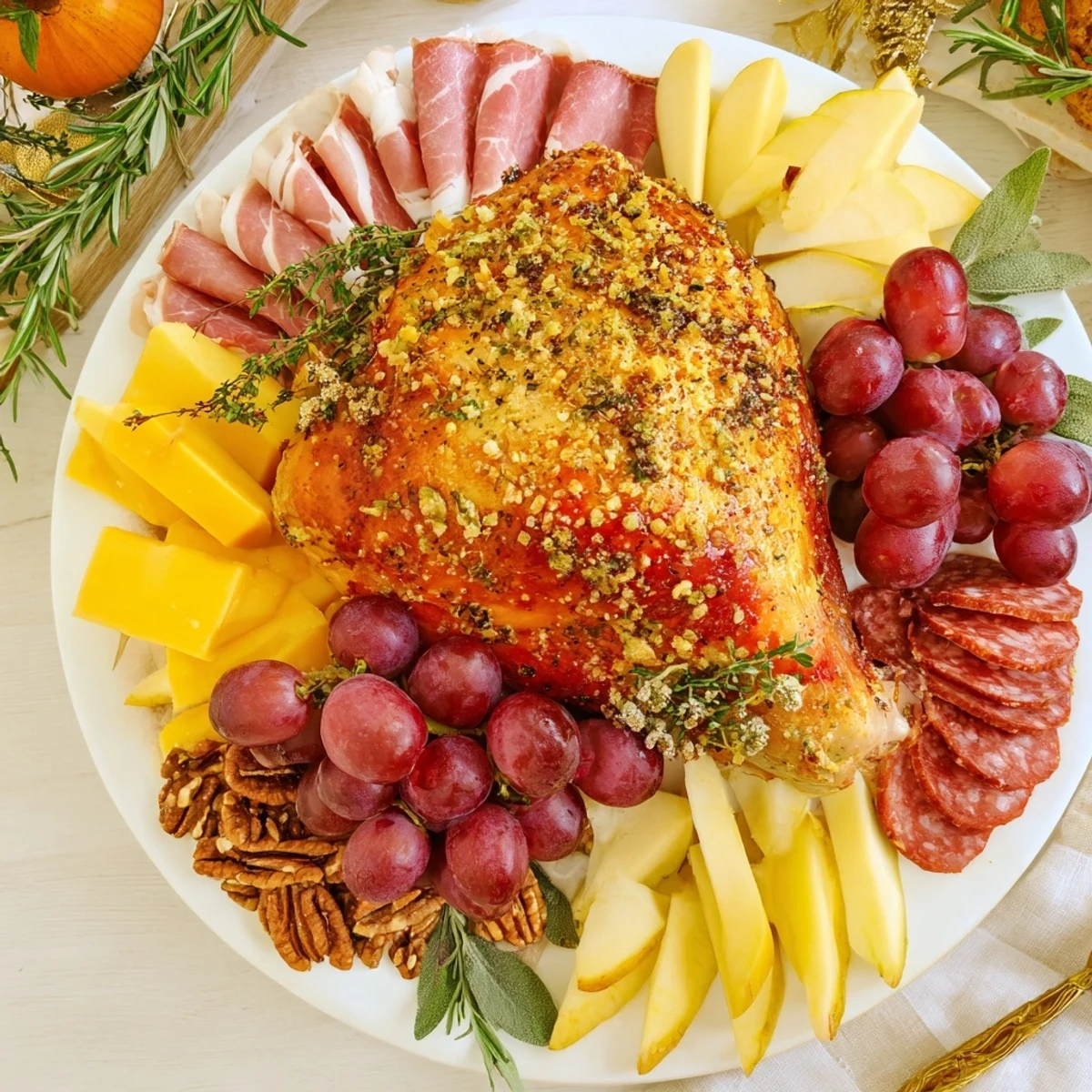 Festive Thanksgiving Turkey Legs Charcuterie board with delicious meats, cheeses, and fruit.