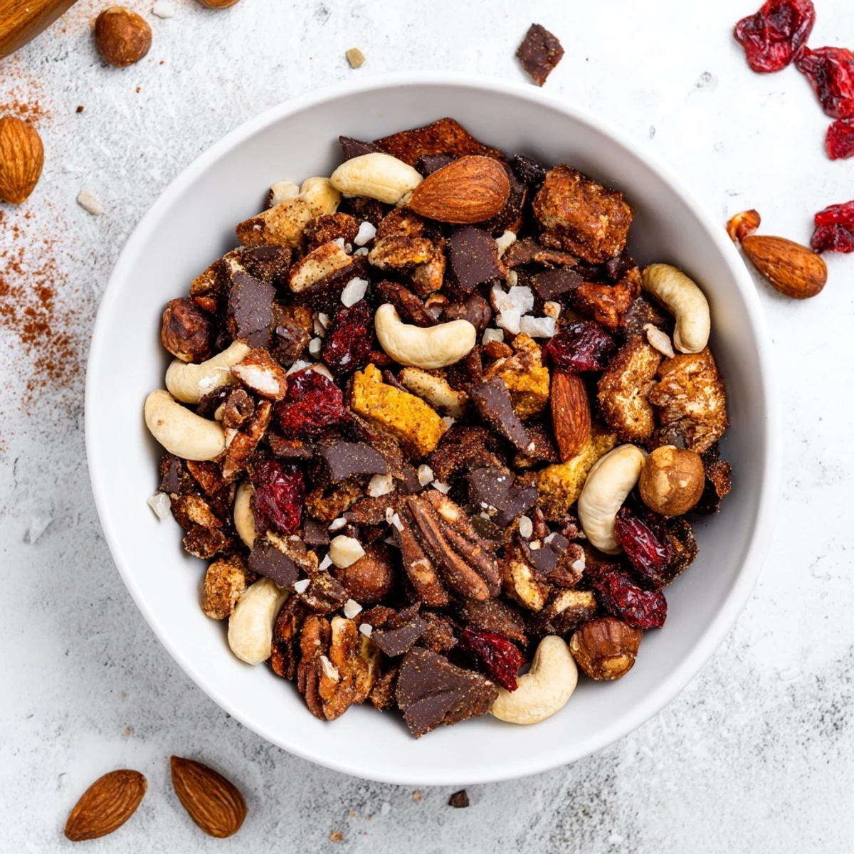 Knusprige Acorn & Oak Snack Mix serviert in einer rustikalen Schüssel, perfekt für einen leckeren Snack.