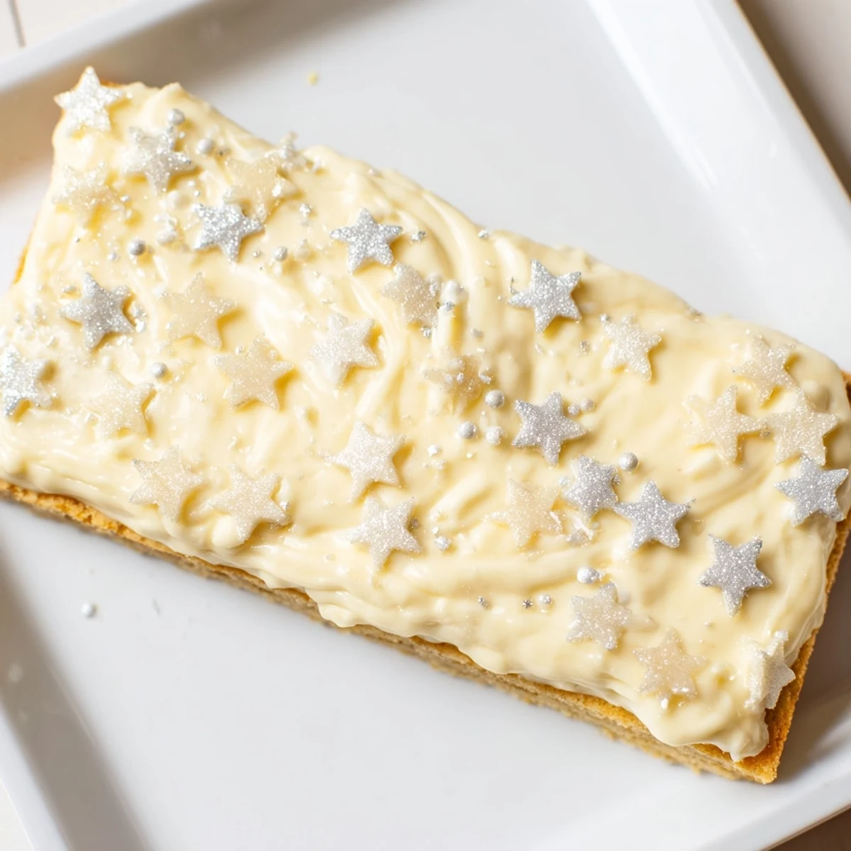 Twinkle Twinkle Star Dessert Bars showcase buttery shortbread topped with vanilla frosting and twinkling star sprinkles.