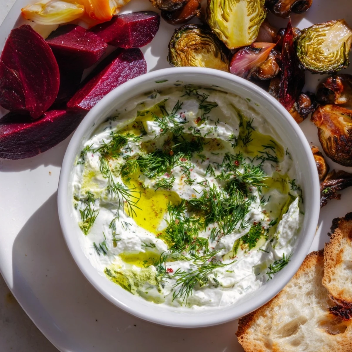This delicious Pine Forest Winter Mezze Board shows a colorful arrangement of roasted vegetables, olives, and labneh.
