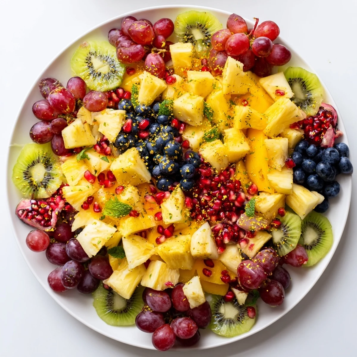 A colorful Three Kings Royal Fruit Platter, perfect for a celebration, drizzled in honey-lime dressing.