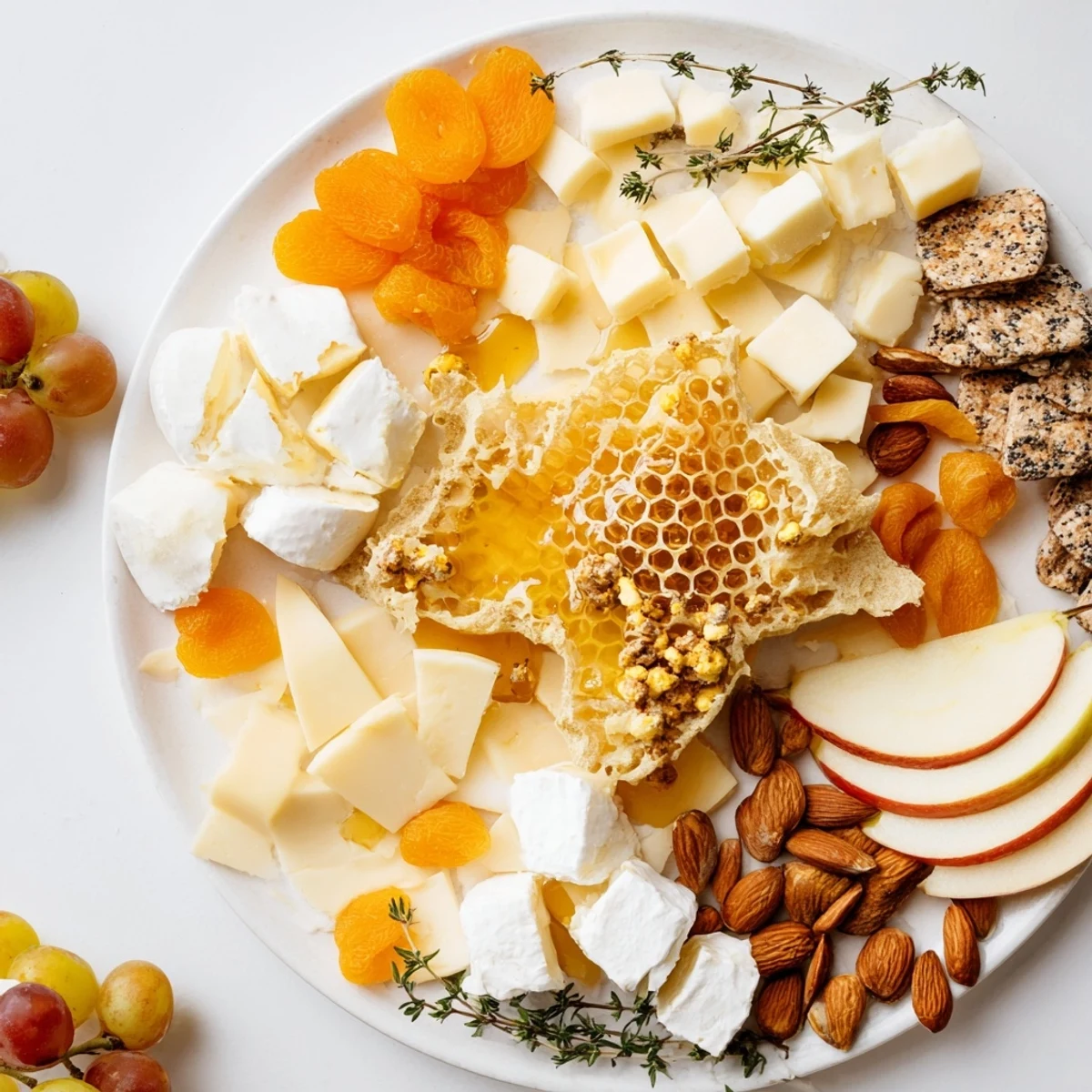 A golden honeycomb center with creamy goat cheese on the Busy Bee Honeycomb Snack Plate.
