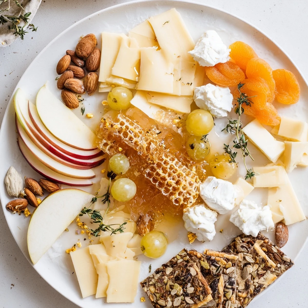 This delicious, shareable Busy Bee Honeycomb Snack Plate features an array of cheeses and honey.