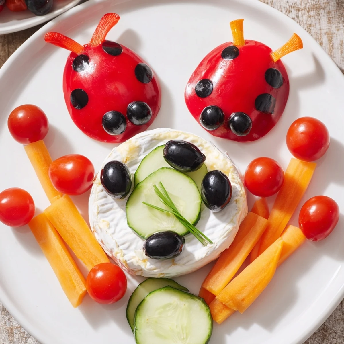 Get a close-up of the delicious, kid-friendly Coccinelle Amusante Planche Pique-Nique with cheese, veggies, and crackers.