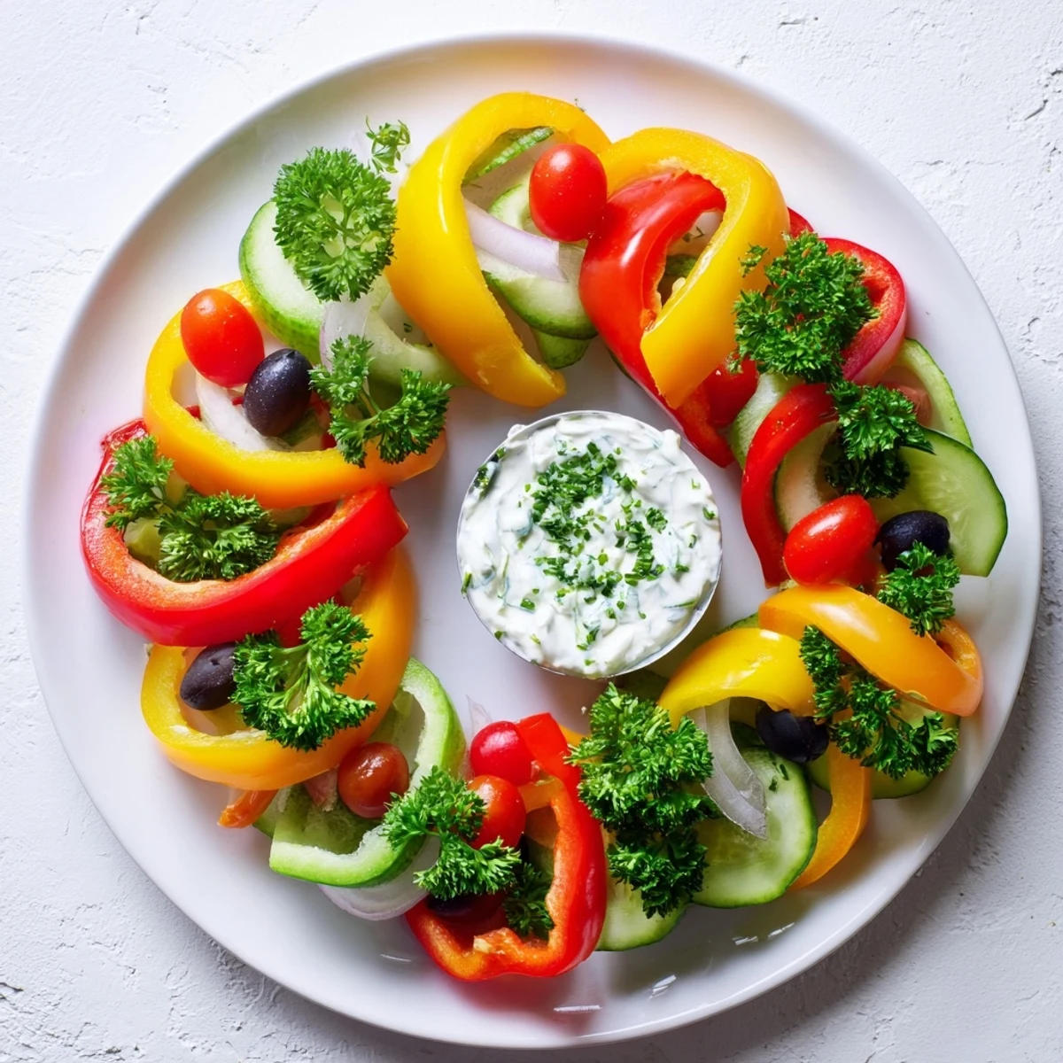 Vibrant Festive Bell Pepper Wreath: Colorful bell peppers arranged as a festive holiday appetizer with creamy veggie dip.