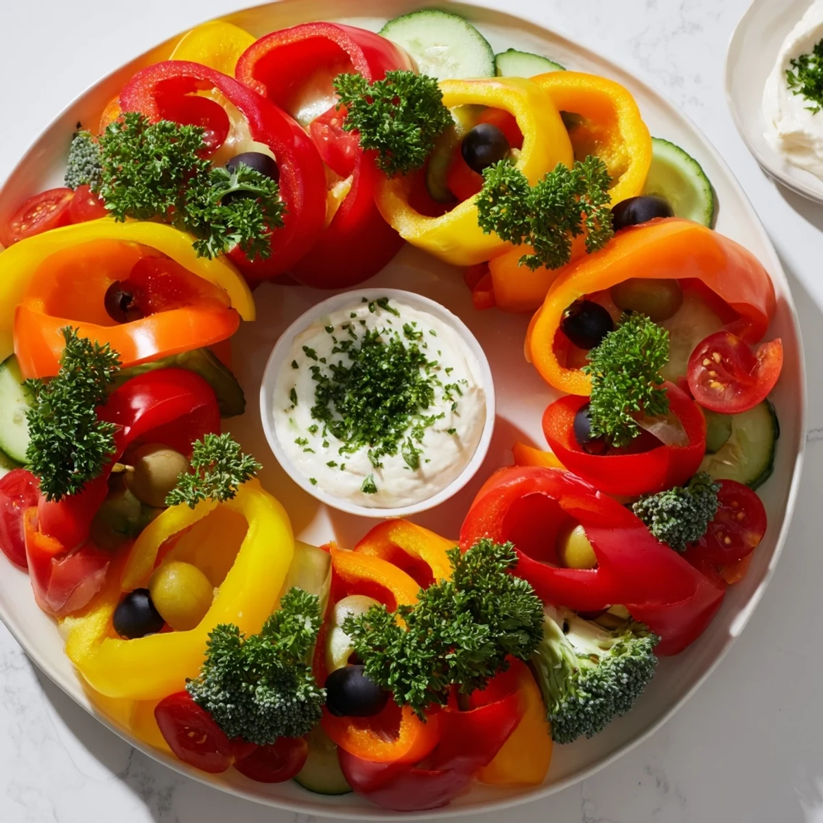 Beautifully arranged Festive Bell Pepper Wreath with a creamy dip, perfect for a party, visually appealing.