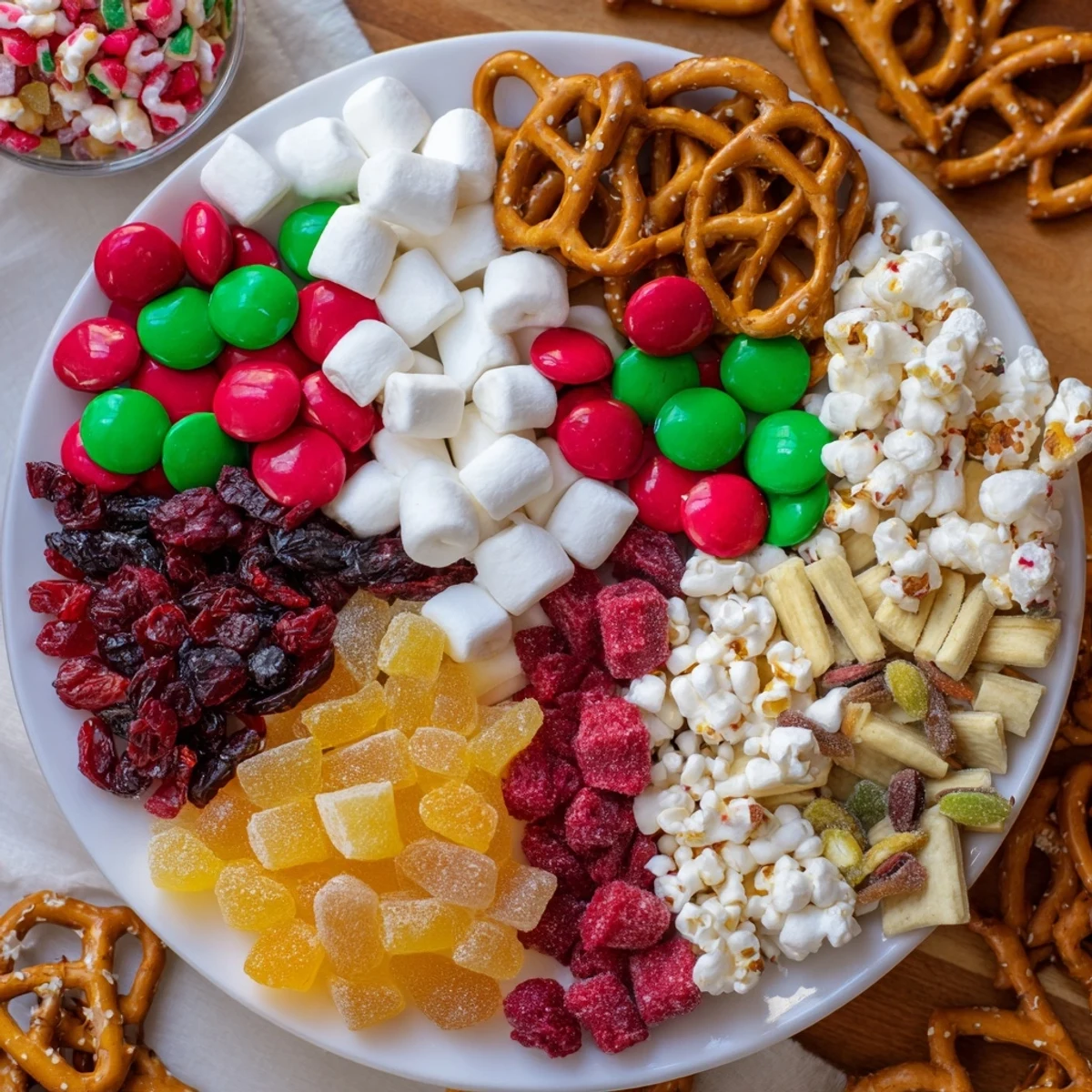Festive Elf Snack Trail Mix board overflowing with colorful candies and crunchy pretzels for snacking.