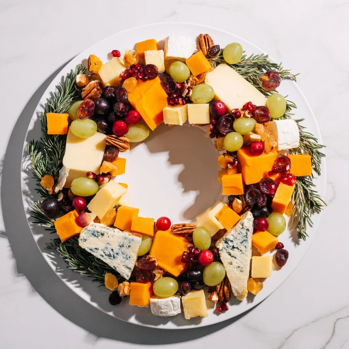 Festive holiday wreath cheese ring, a beautiful appetizer with grapes, olives, and cheese.