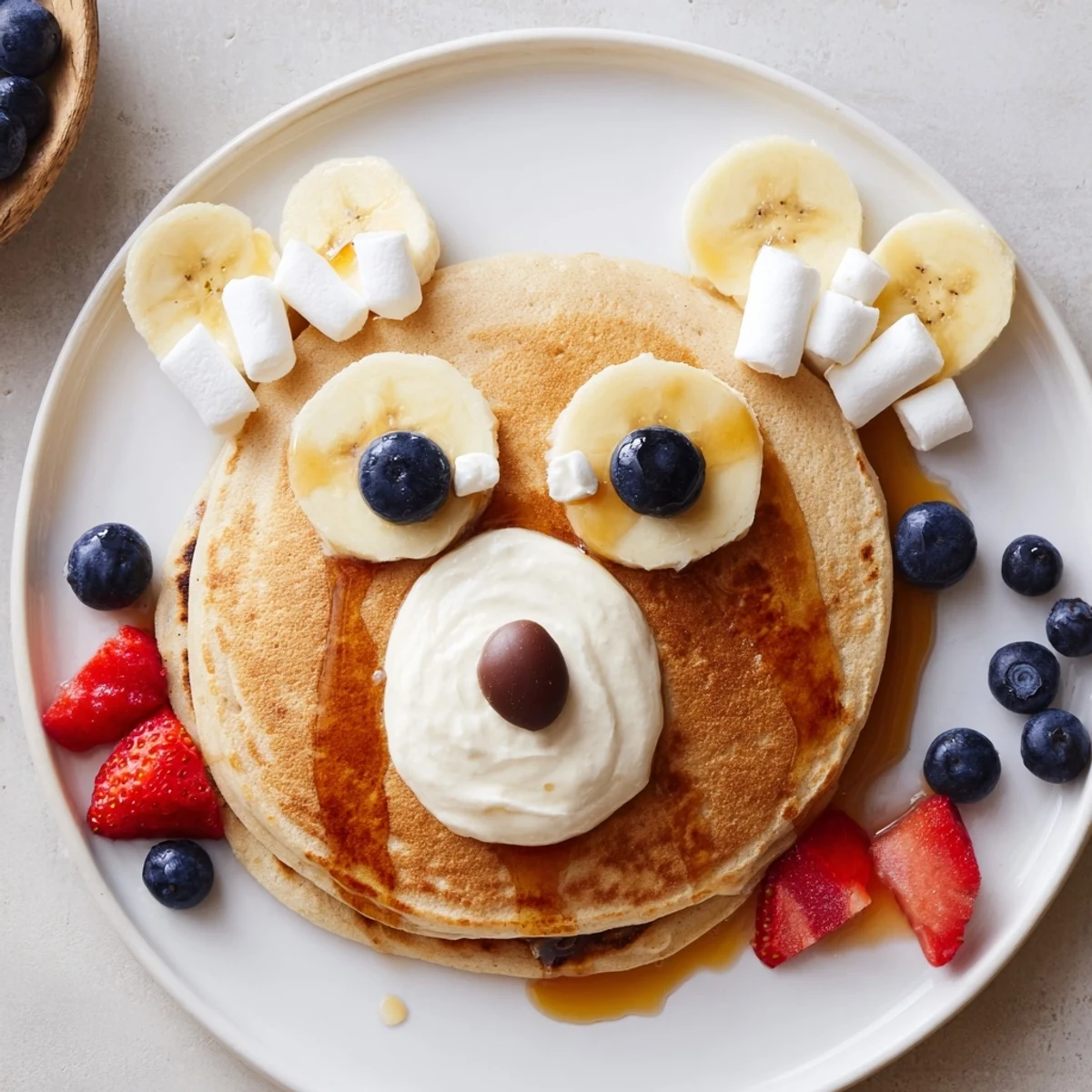 Close-up of a whimsical polar bear pancake stack board with fresh fruit, ideal for a kid's meal.
