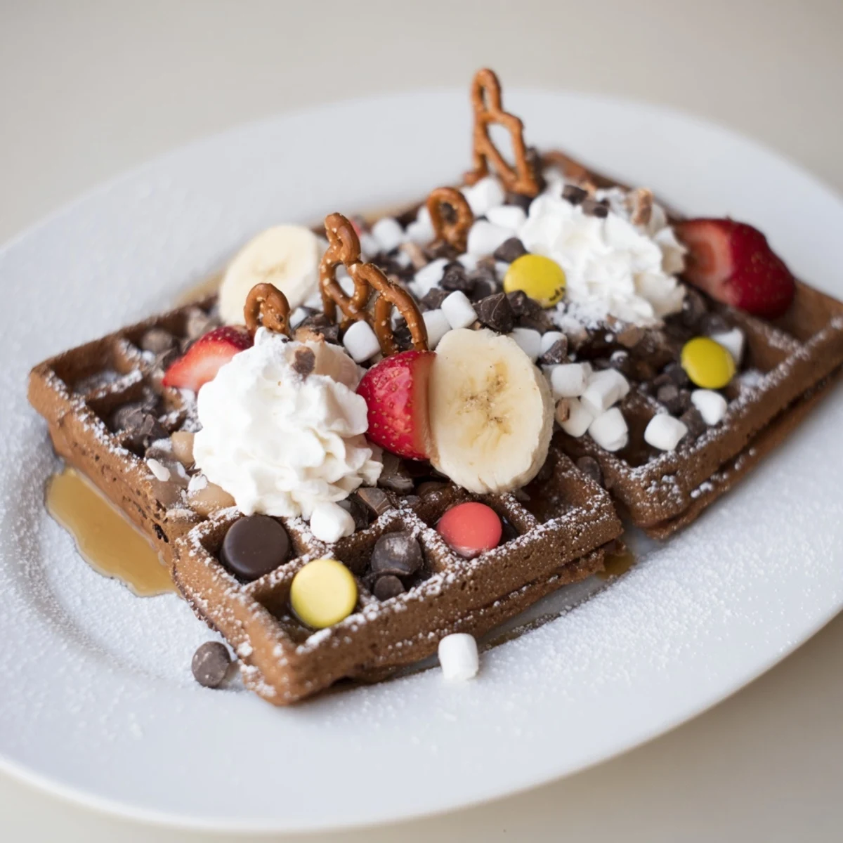 Festive gingerbread house waffle bar: freshly baked waffles with colorful candy decorations.