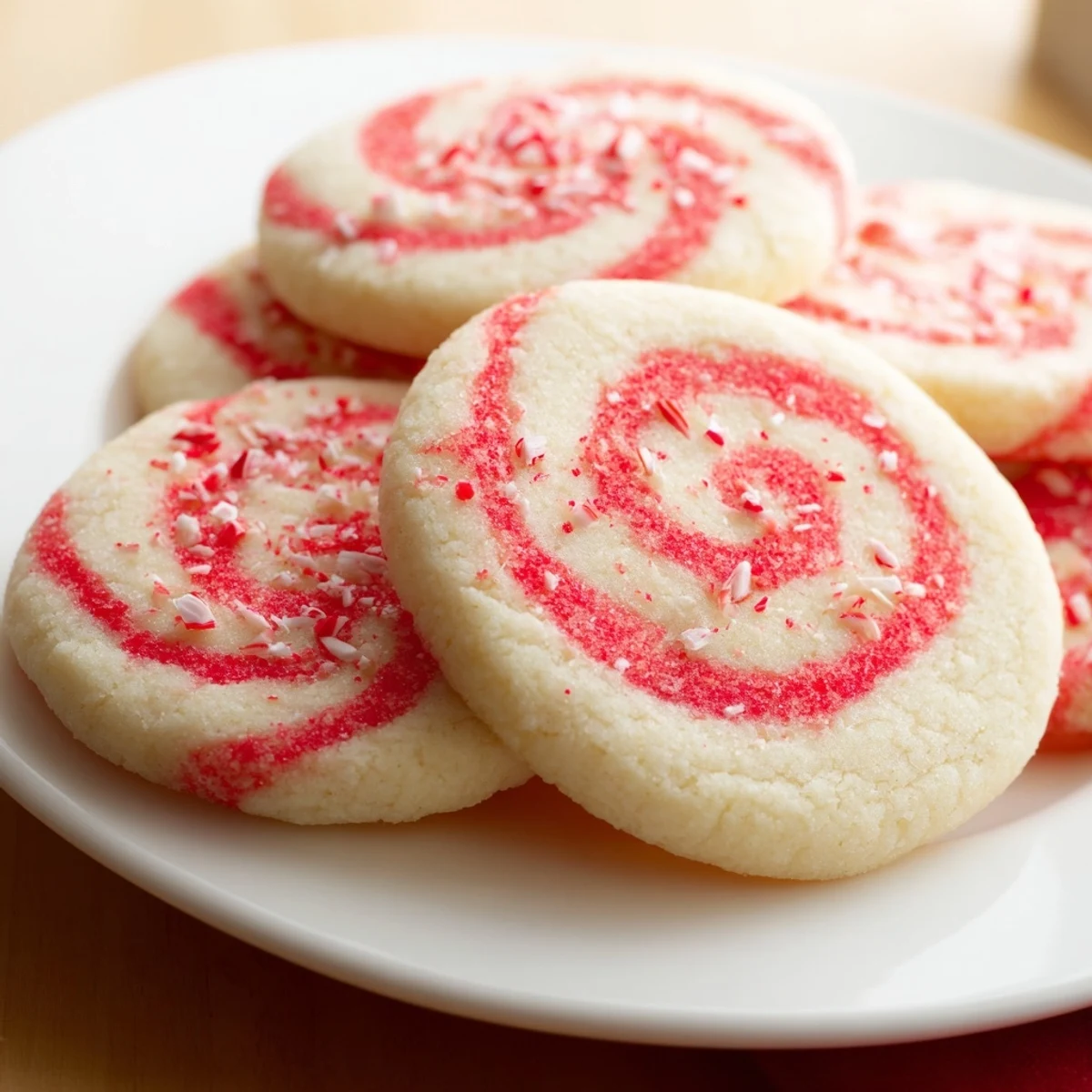 Candy Cane Swirl Cookie Platter: close up of swirled cookies, ready for holiday celebrations.