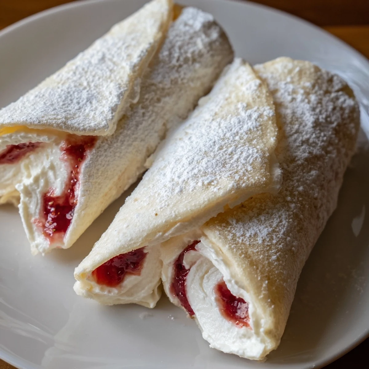 Snow Angel Tortilla Wraps cut in half, dusted with powdered sugar, ready to eat and enjoy as a quick snack.