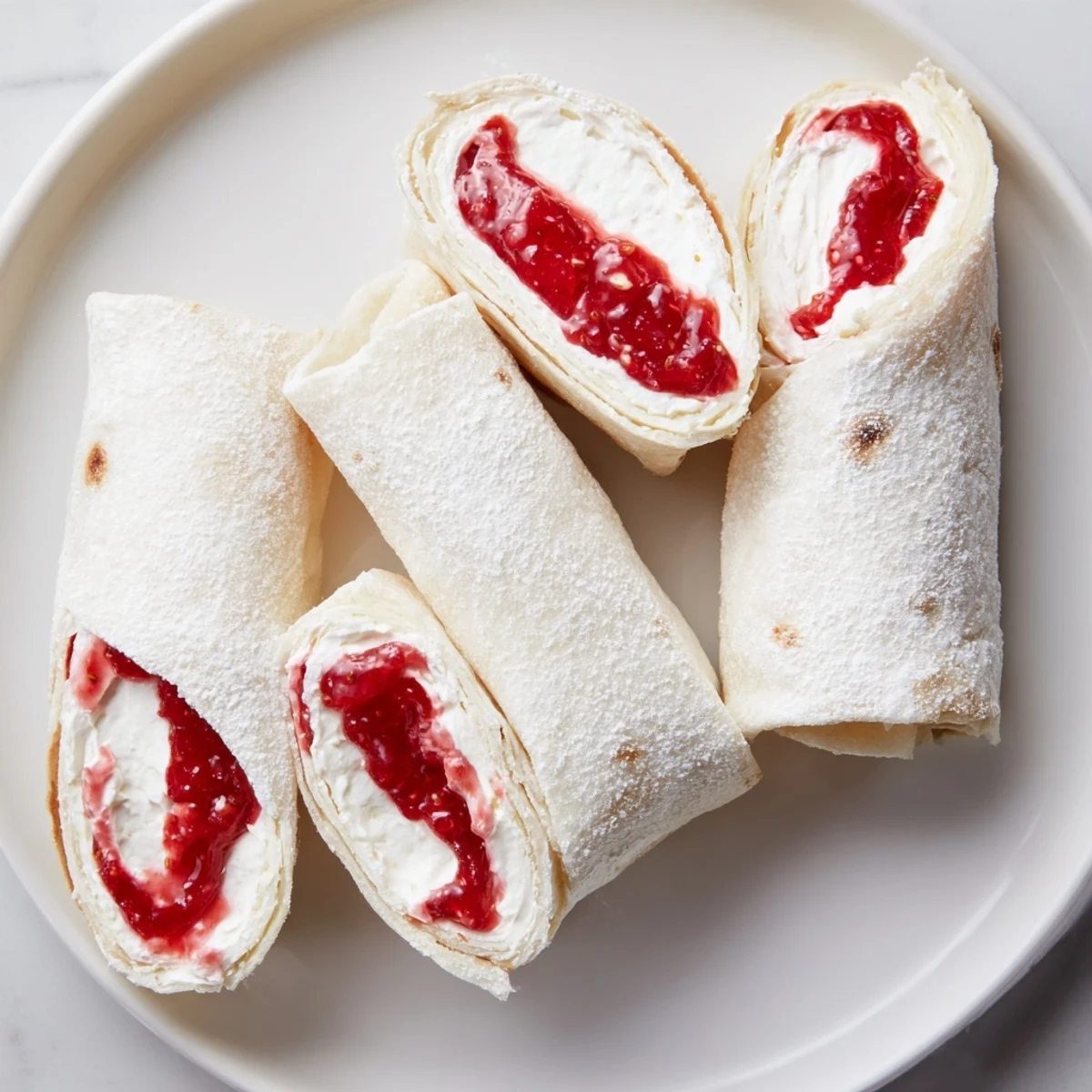 A close-up of finished Snow Angel Tortilla Wraps, a kid-friendly treat with a dusting of fine powdered sugar.