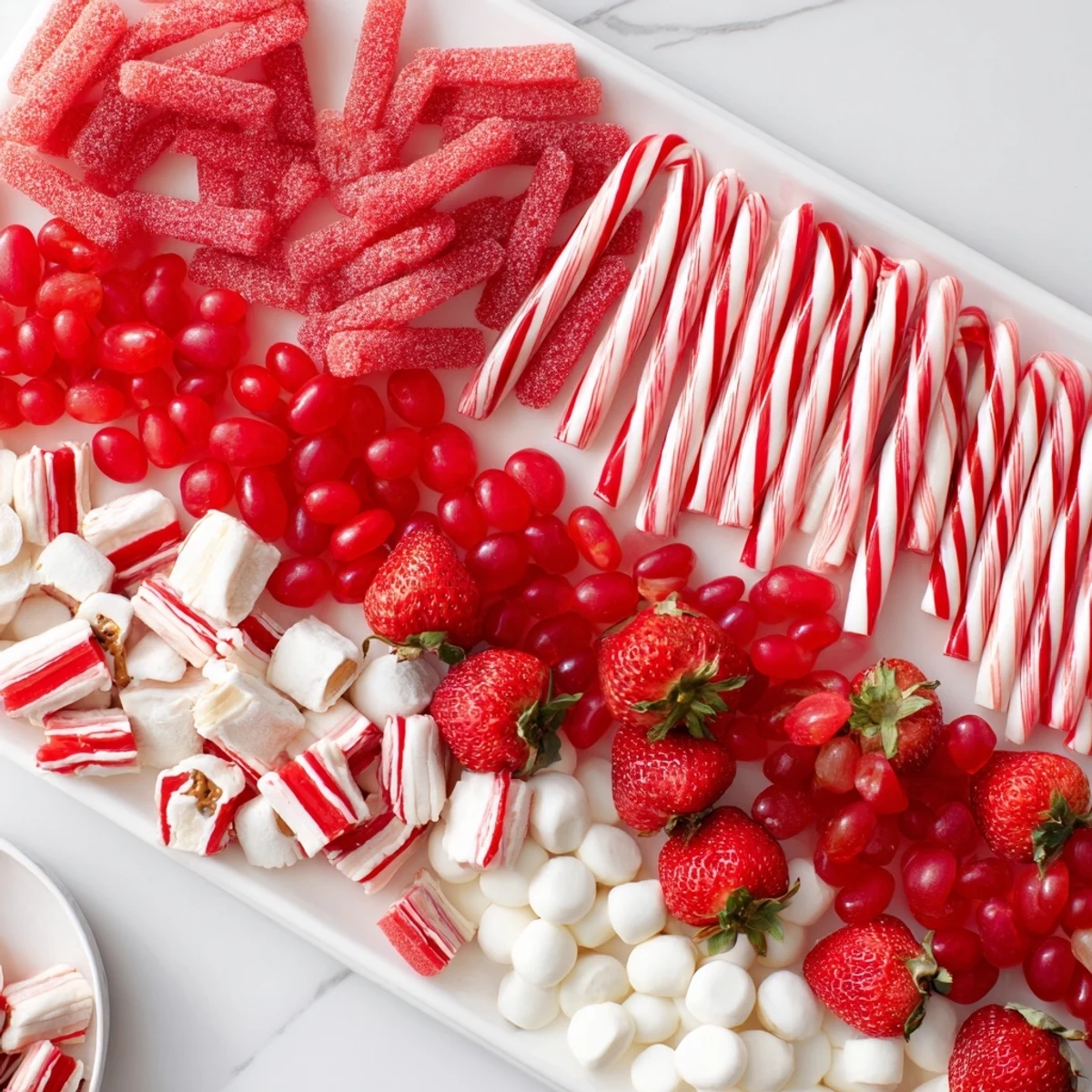 Festive sweet board: a vibrant array of red and white striped candies and treats for sharing.
