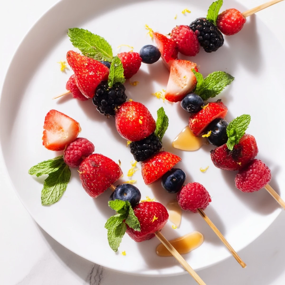 Saftige Fruchtspieße mit Erdbeeren, Blaubeeren, Himbeeren und Brombeeren, garniert mit frischer Minze.