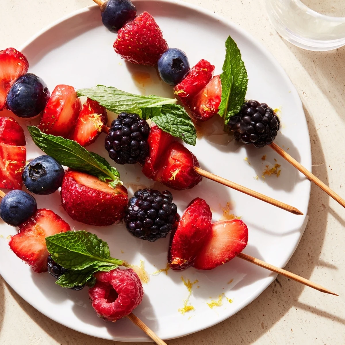 Verführerische Beeren-Minz-Fruchtspieße: Eine erfrischende Auswahl an strahlenden Früchten für heiße Tage.
