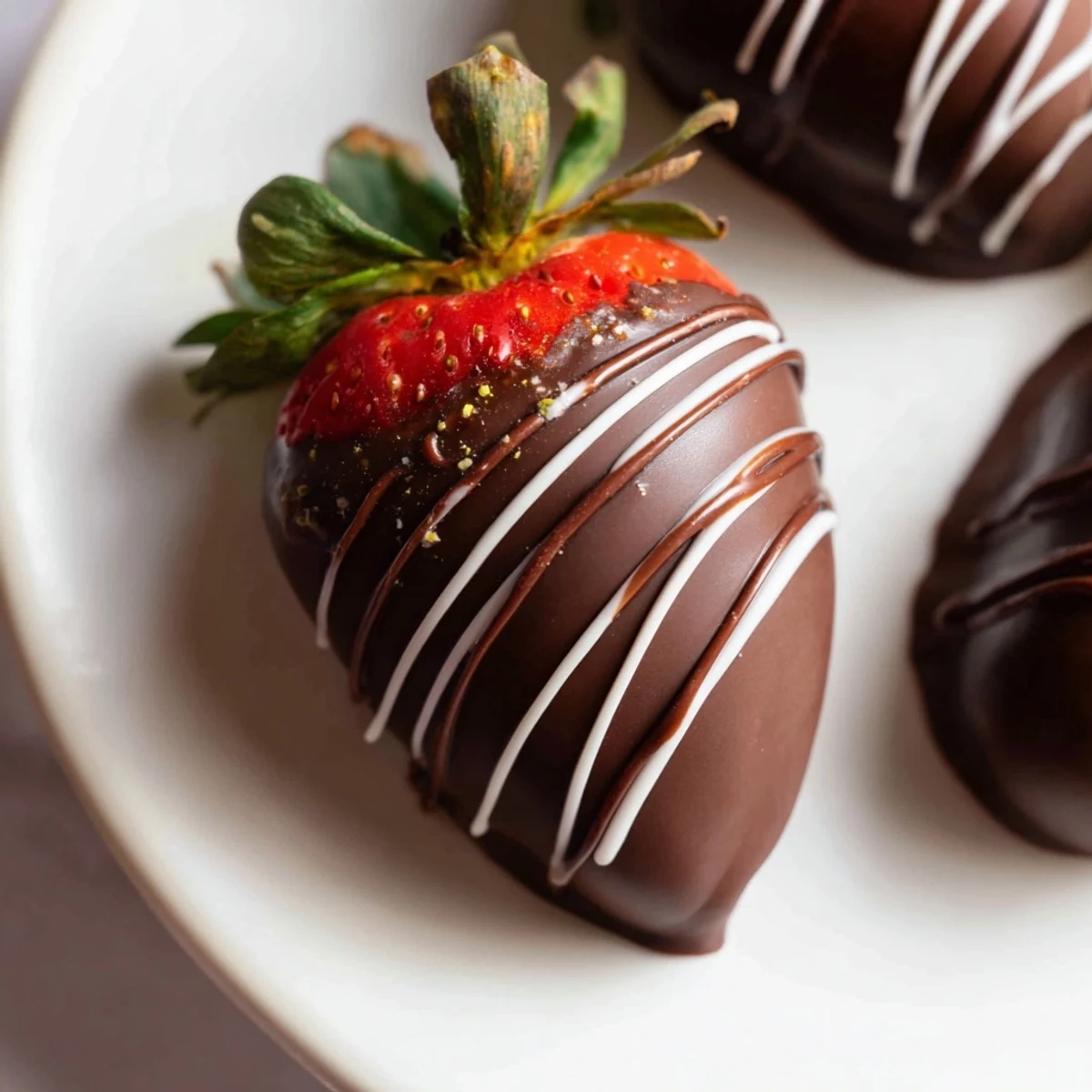 A picture of glistening dark chocolate covered strawberry dips ready to be enjoyed.