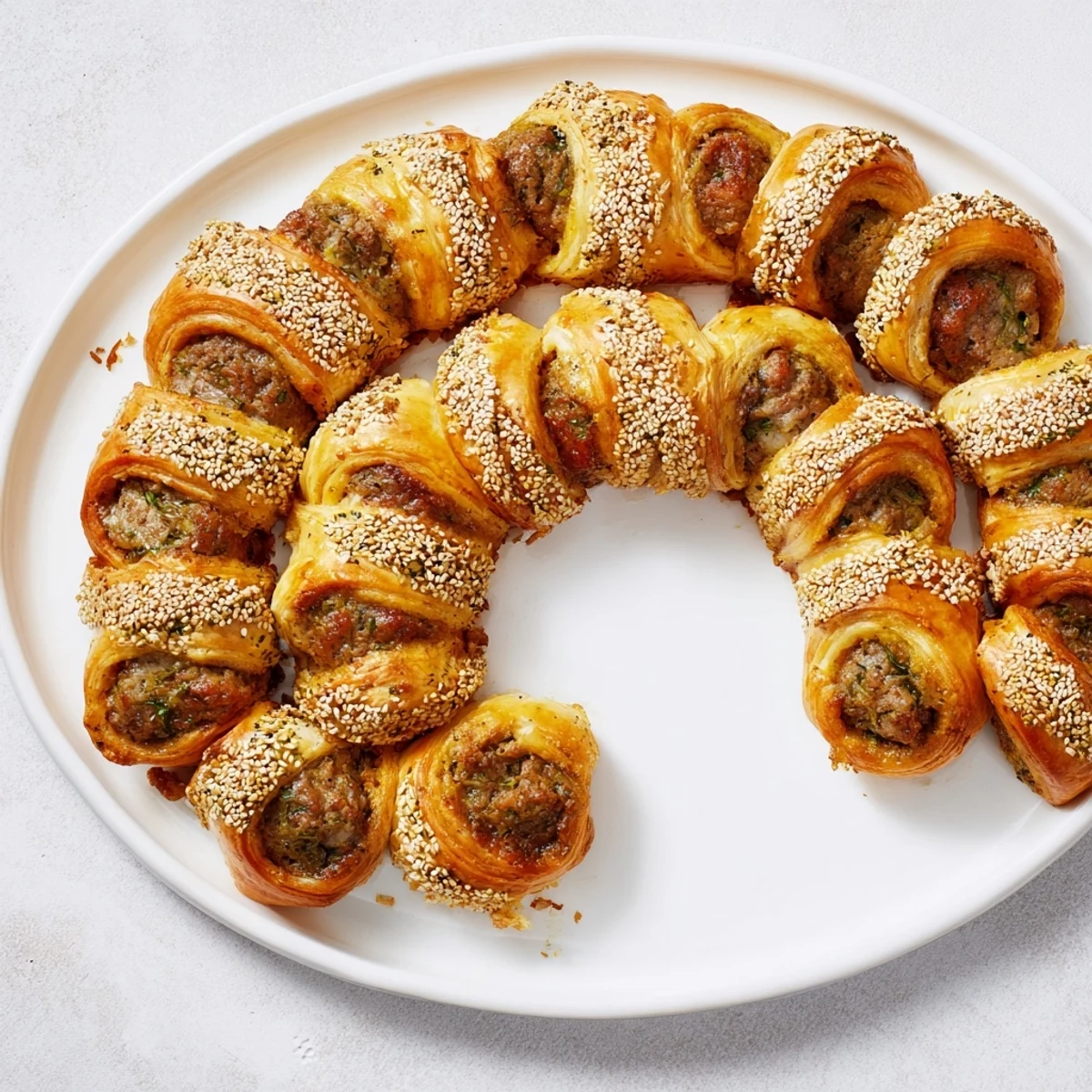A close-up of a festive half-circle mini sausage roll wreath, showcasing flaky pastry.