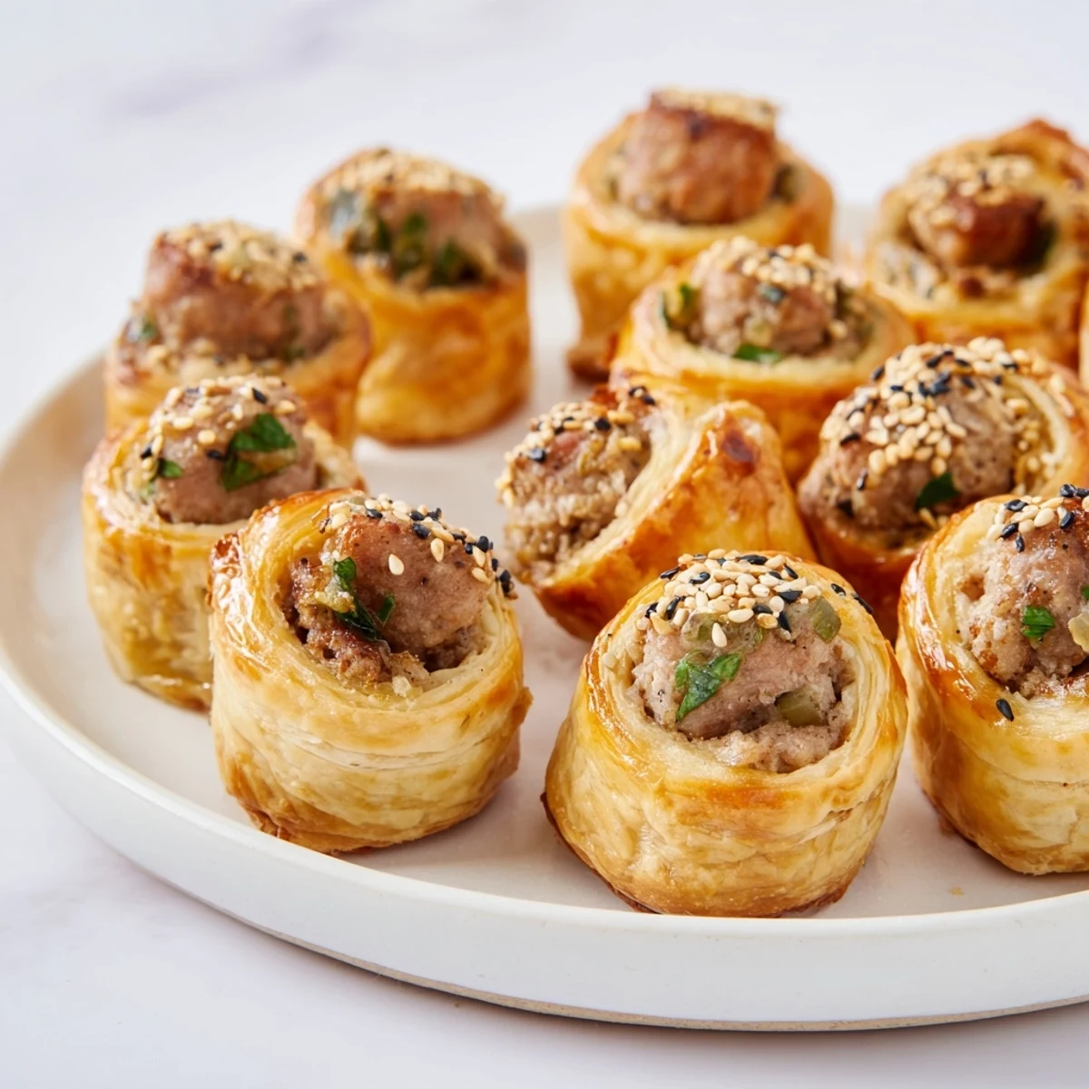 Delicious, warm mini sausage roll wreath, beautifully garnished, ready for a party.