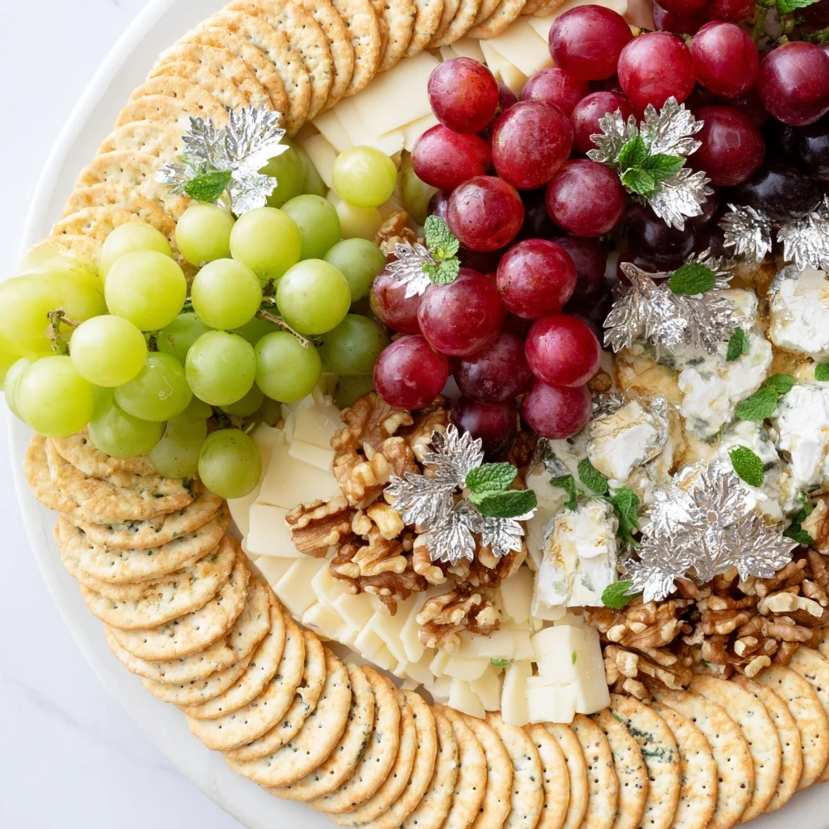 Close-up of a festive Sparkling Grape and Silver Cracker platter with honey-drizzled goat cheese.