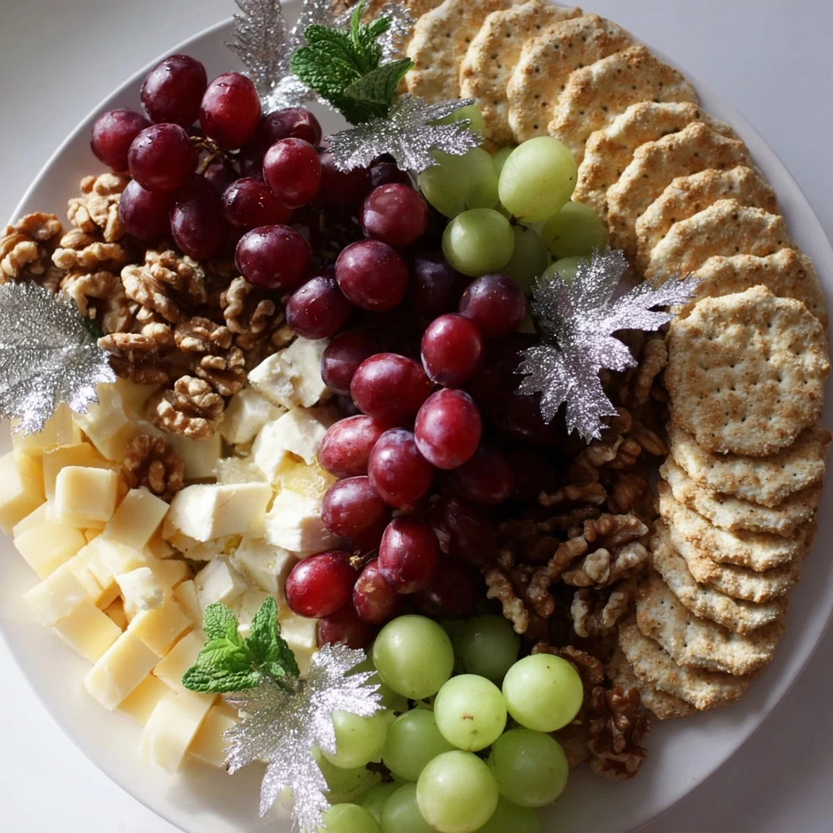 Elegant Sparkling Grape and Silver Cracker appetizer with silver-dusted crackers and fresh mint sprigs.