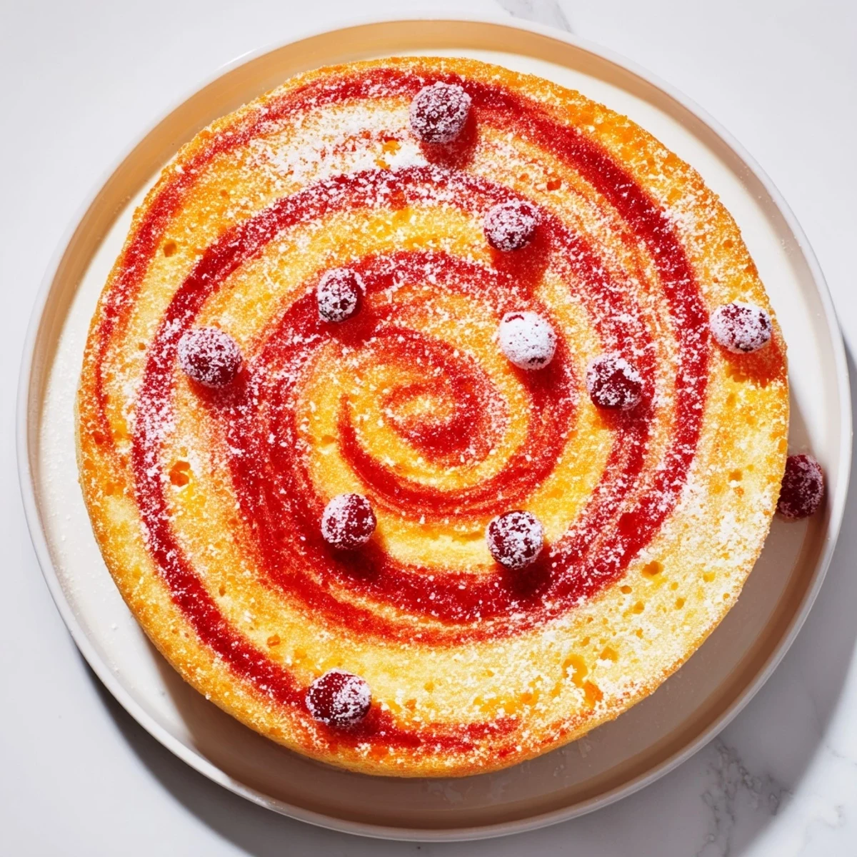 A swirl of vibrant cranberry and orange in the Cranberry Orange Swirl cake, ready to serve.
