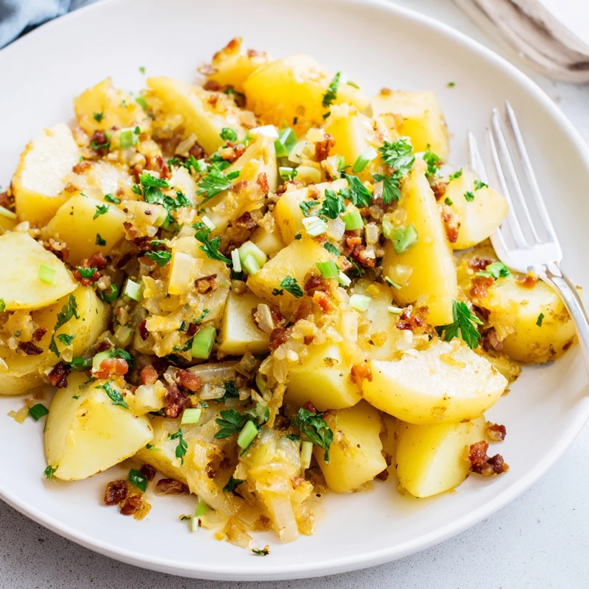This close-up photo shows a steaming bowl of Warm German Potato Salad, ready to be enjoyed.