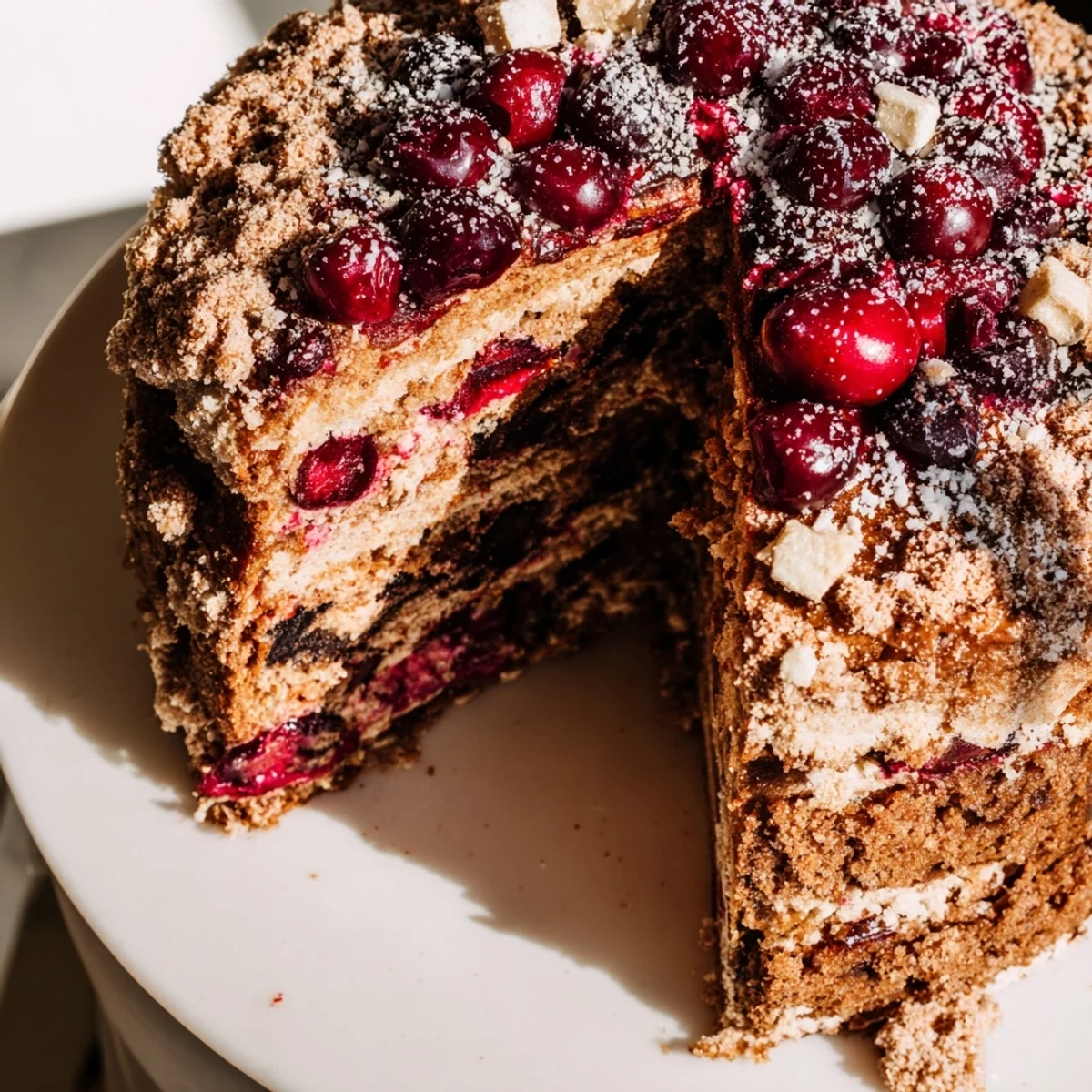 Fluffy German Cherry Coffee Cake, topped with golden streusel and bright red cherries.